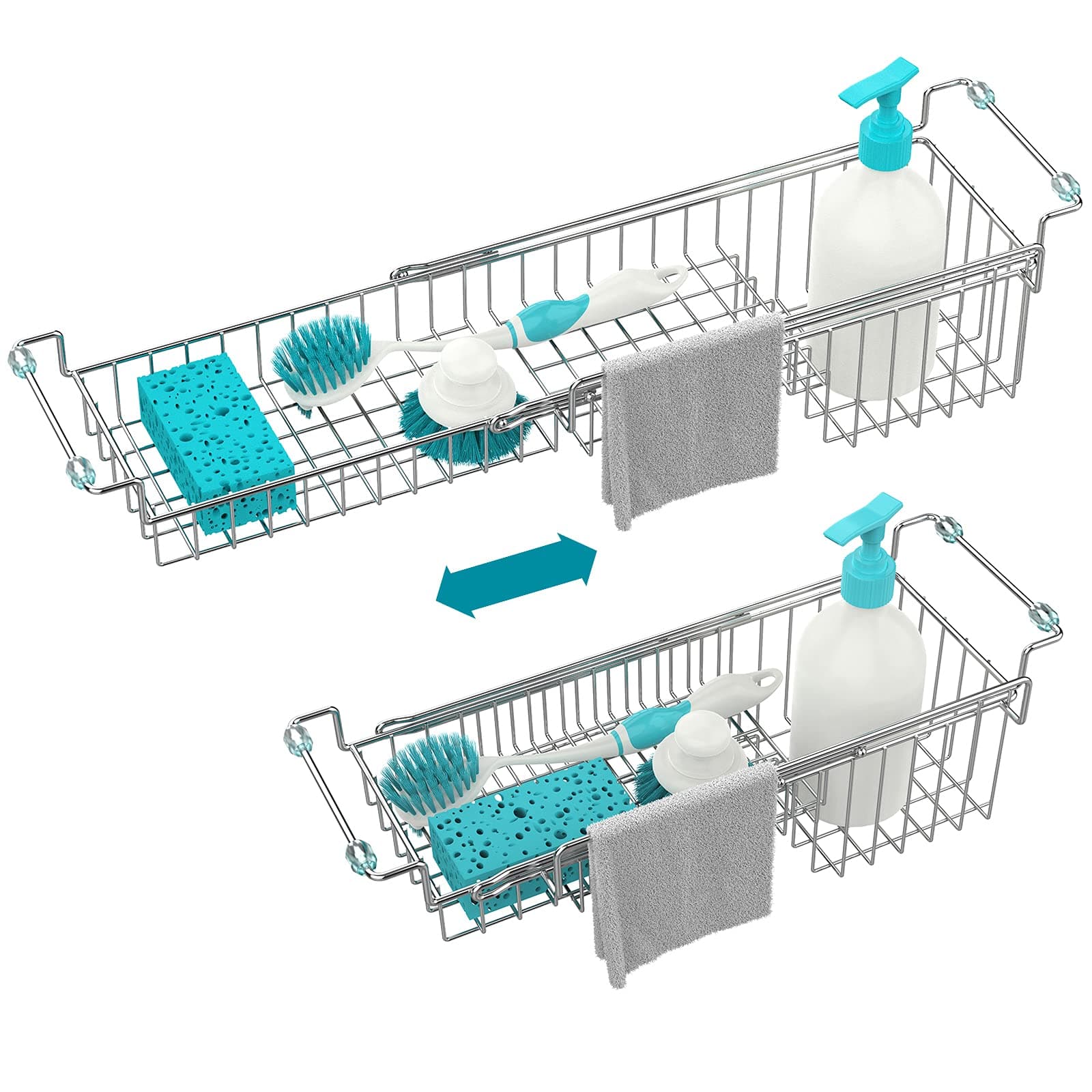 Over The Kitchen Sink Caddy Sponge Holder Organizer Drying Rack Expandable for Sponge Brush Soap Dish Cloth Rag 14.5" to 22", Stainless Steel
