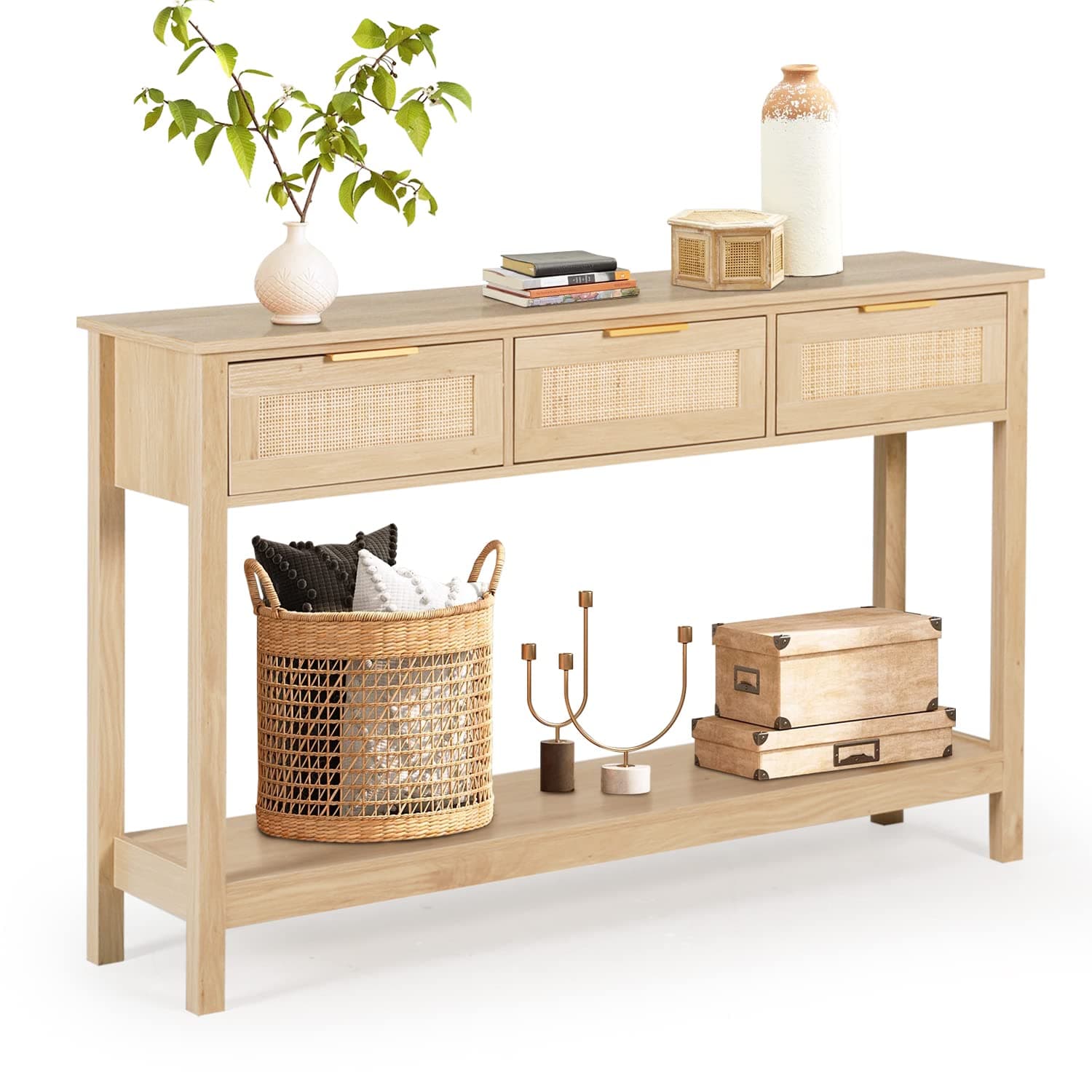 LAZZO Rattan Console Table Boho Entryway Table Narrow Long Sofa Table Hallway Foyer Behind Couch Table with 3 Drawers and Open Storage Shelf for Living Room and Corridor Natural Wood
