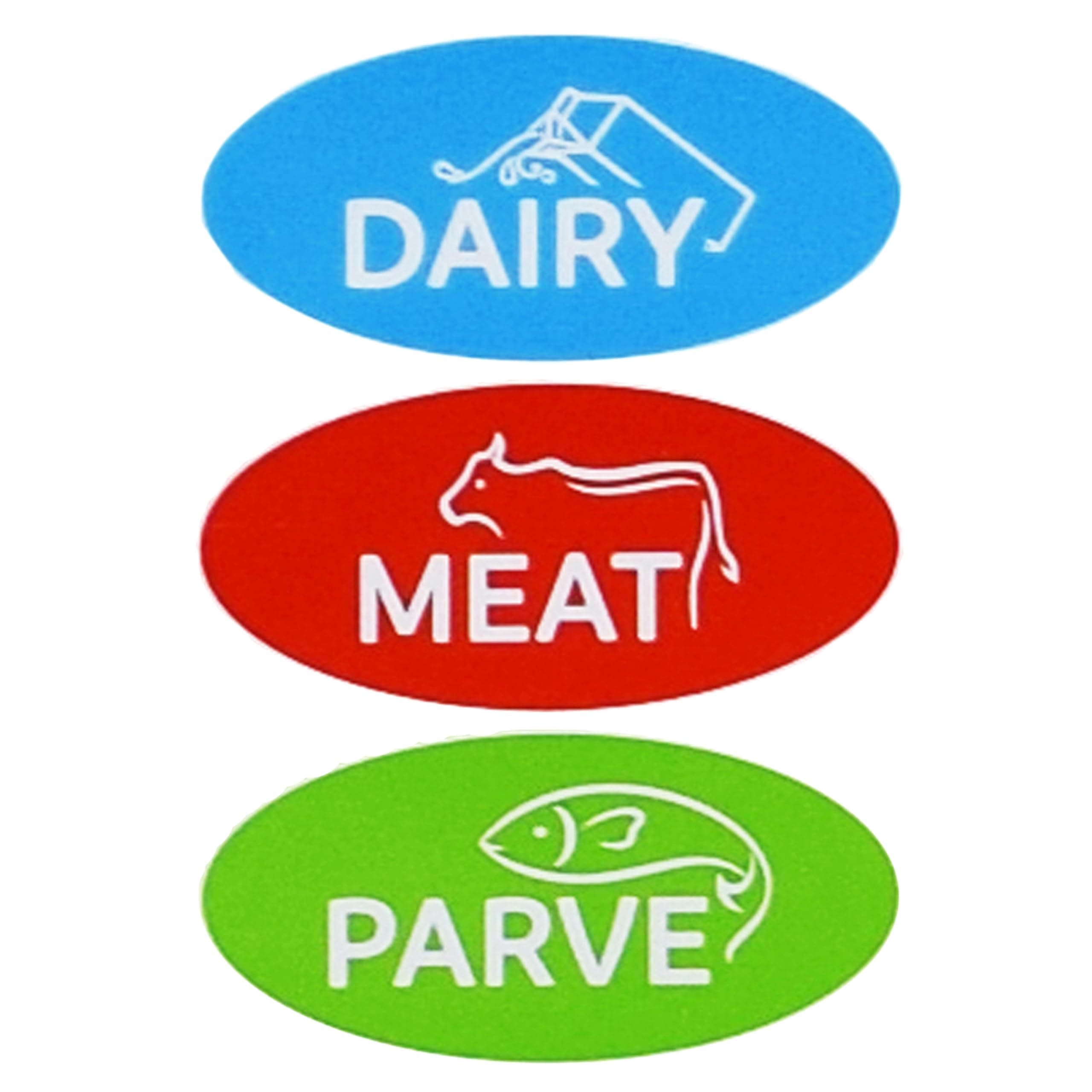 18 Assorted Kosher Labels -6 Blue Dairy, 6 Red Meat, 6 Green Parve Stickers -Oven Proof up to 500°, Freezable, Microwavable, Dishwasher Safe, English - Color Coded Kitchen Tools by The Kosher Cook