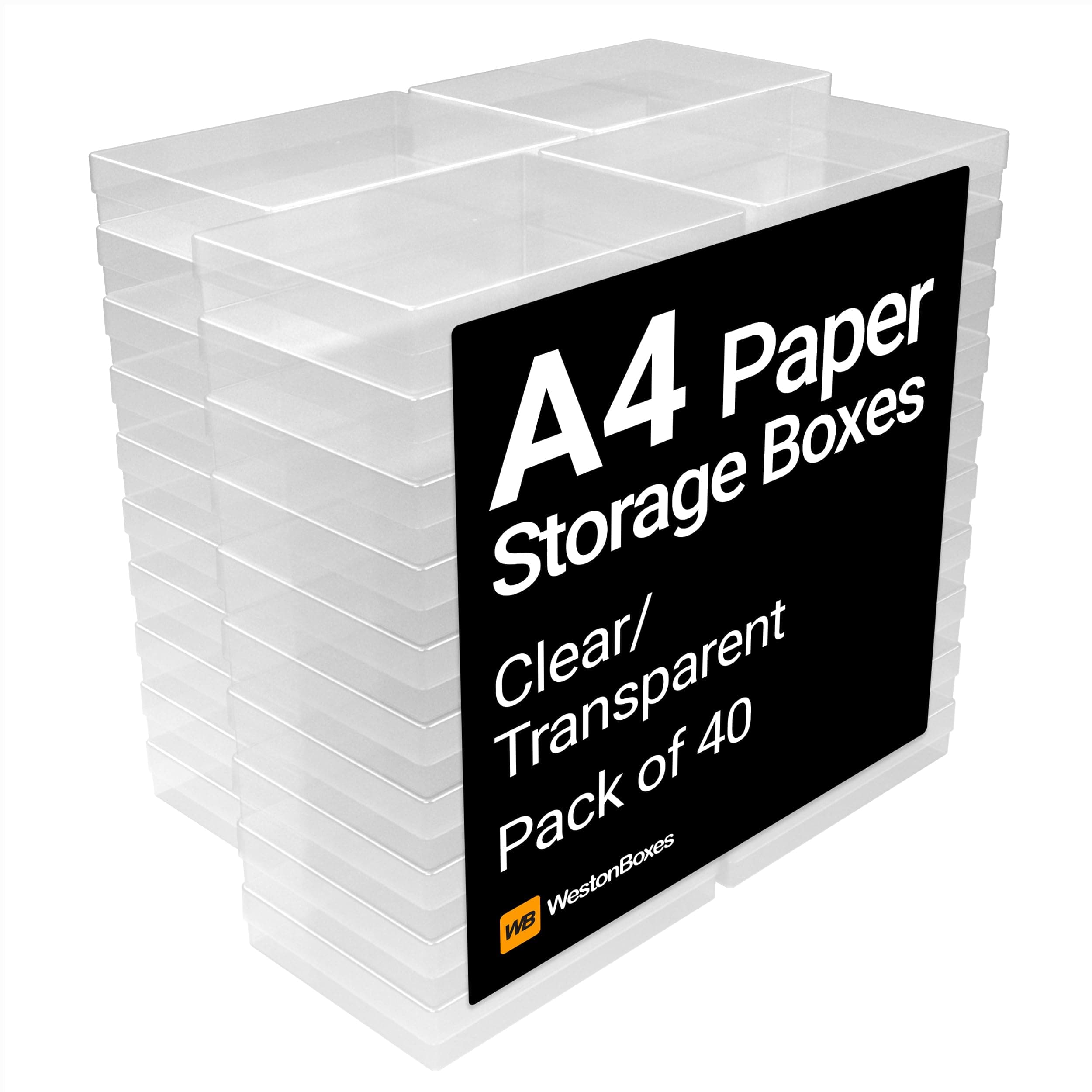 WestonBoxes A4 Transparent Plastic Craft Storage Boxes with Lids for Art Supplies, Paper and Card - 3.6 Litre Volume (Pack of 40)
