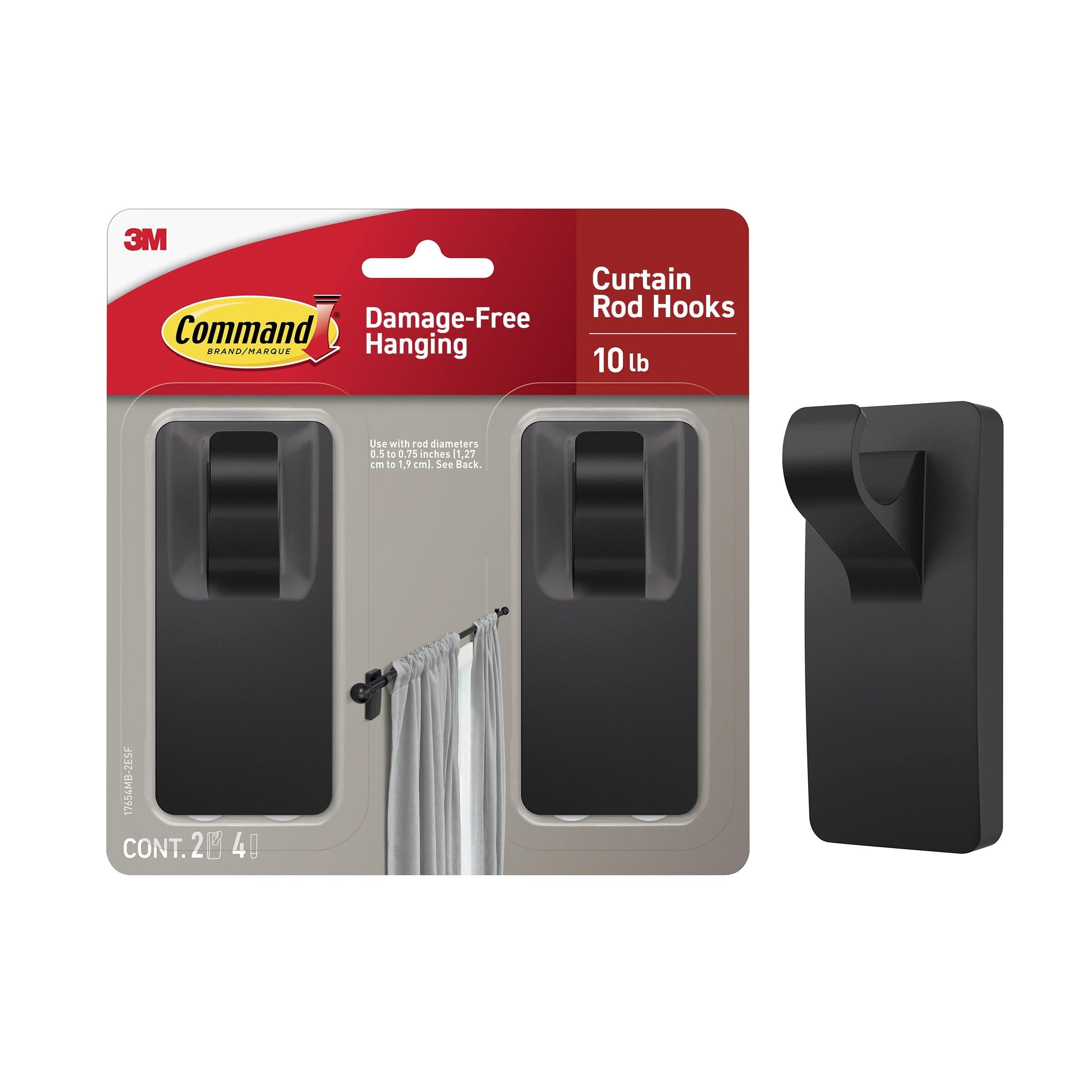 Command 10 lb Matte Black Curtain Rod Hooks, 2 Hooks and 4 Strips, No Drilling Home Decor and Room Decor, Use with Rod Diameters 0.5-0.75"