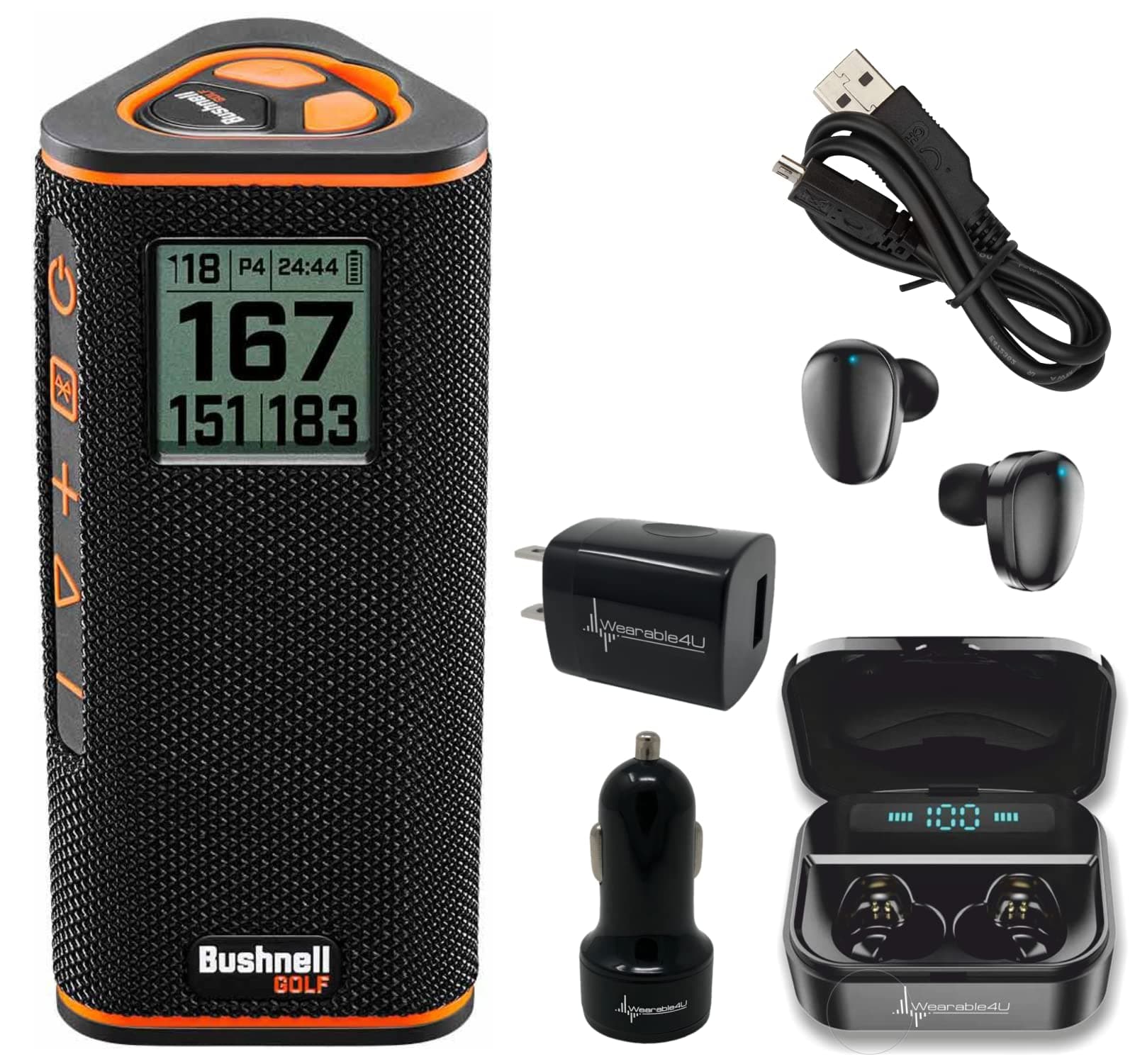 Bushnell Wingman View Golf GPS Bluetooth Speaker with Ultimate Black Earbuds and Wall and Car Chargers Bundle
