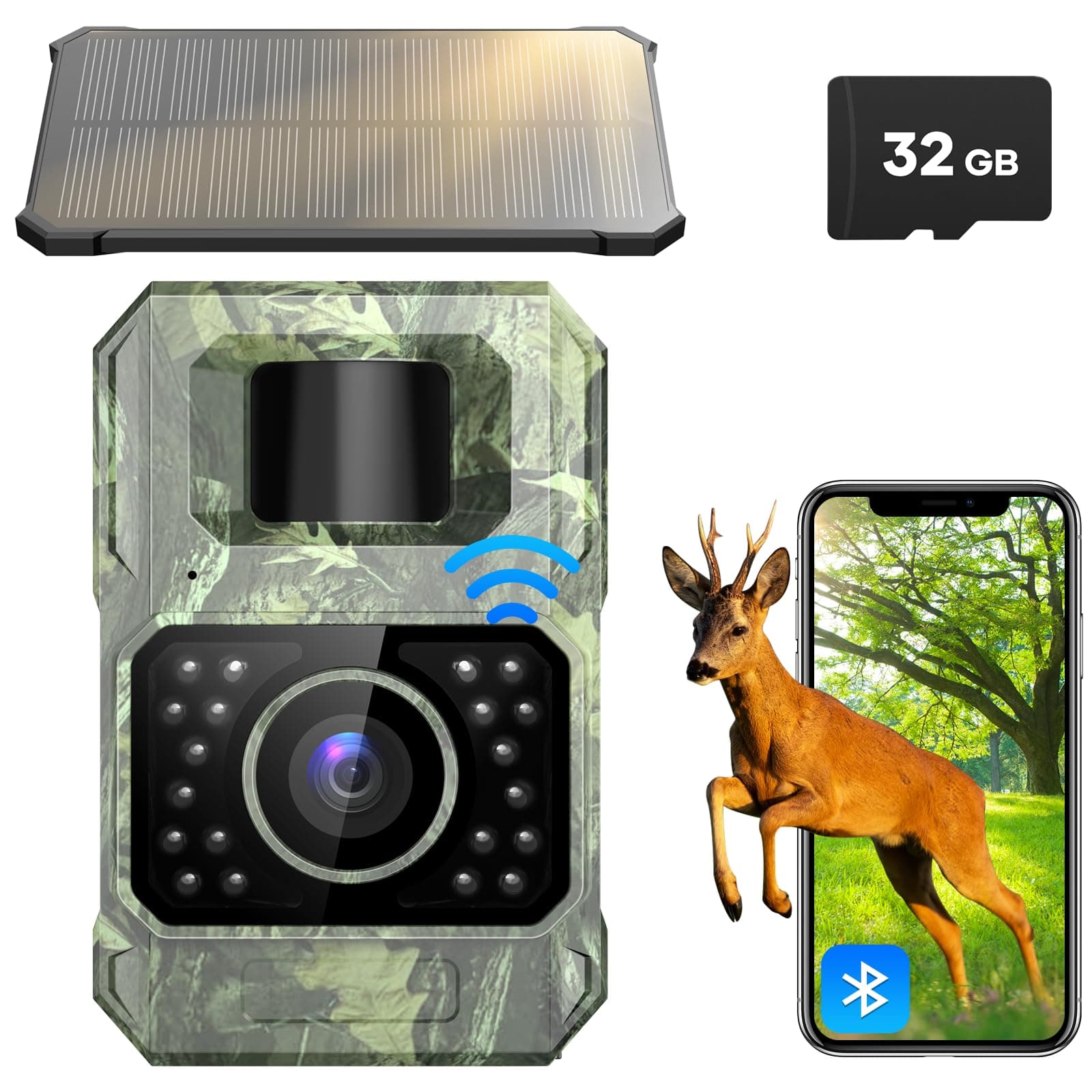 Assark Solar Trail Camera 48MP 30FPS, WiFi Bluetooth Game Camera with Motion Activated 0.2s Trigger, Night Vision Motion Activated IP66 Waterproof for Wildlife Scouting with 32GB Micro SD Card