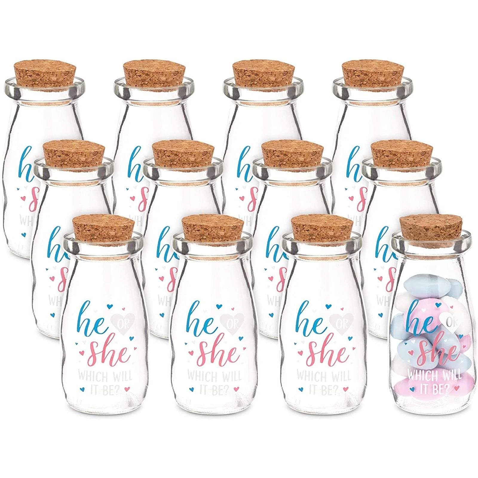 Sparkle and Bash 12 Pack He or She Milk Jars for Gender Reveal Party Favors, 4 Oz Glass Bottles with Cork Lids for Baby Shower Decorations (4 In)