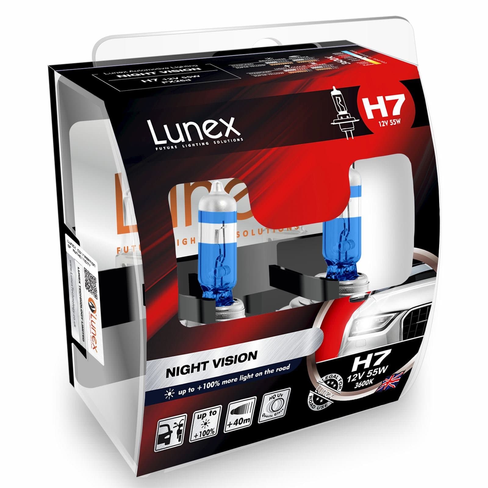LunexH7 NIGHT VISION Headlight Halogen Bulbs + 100% more light 477 12V 55W PX26d 3600K duobox (2 units)