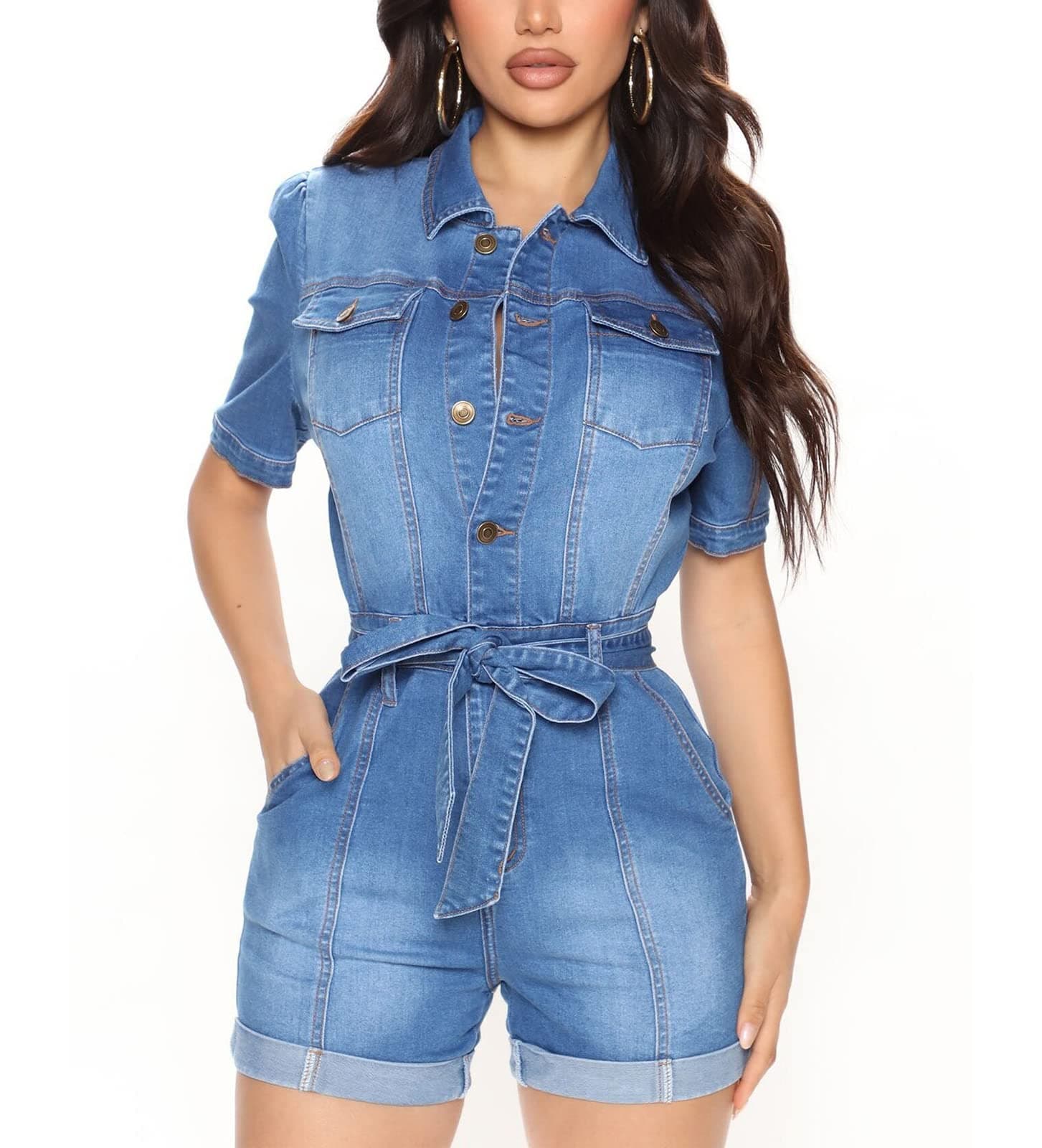 QJBMEIWomen's Short Denim Jumpsuit Stretch Slim Short Sleeve Button Down Jean Jumpsuit Rompers with Belt