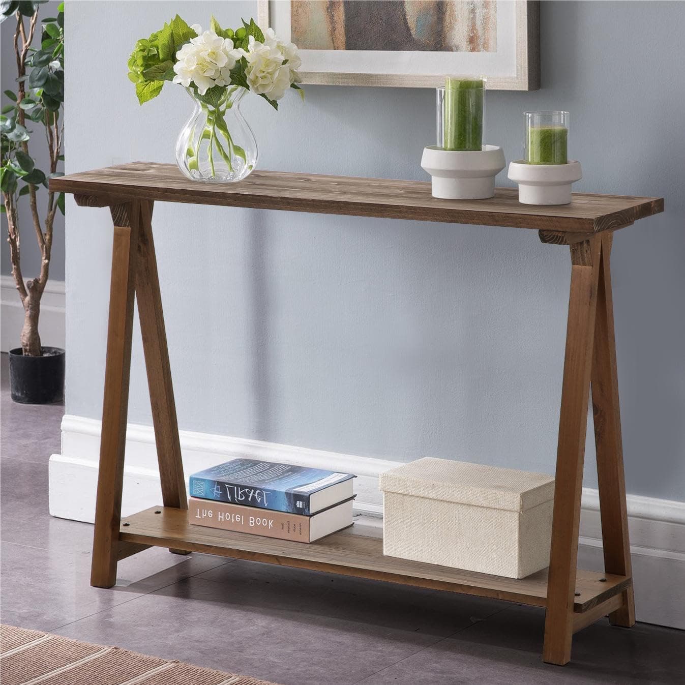 Solid Wood Console Tables - 43.3" Pinewood Farmhouse Rustic Hallway Table, Foyer Tables Living Room, Solid Firwood Sofa Table for Entryway, Brown