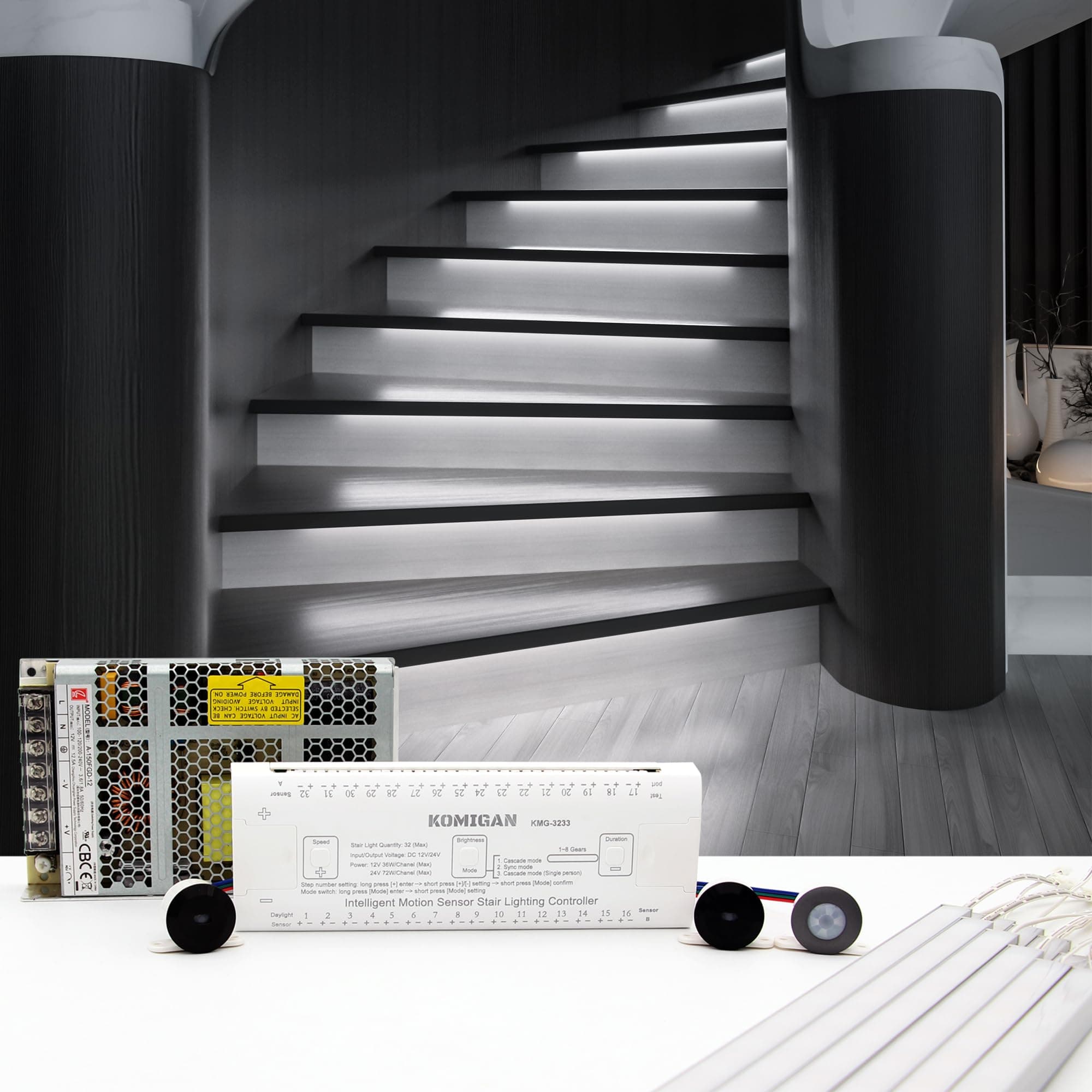 Motion-Activated Cascading Effect LED Stair Lighting Kit KMG-3233, 23.6" Aluminum Light Bar for Indoor Staircases (Cool White 6000K, 16 Stairs)