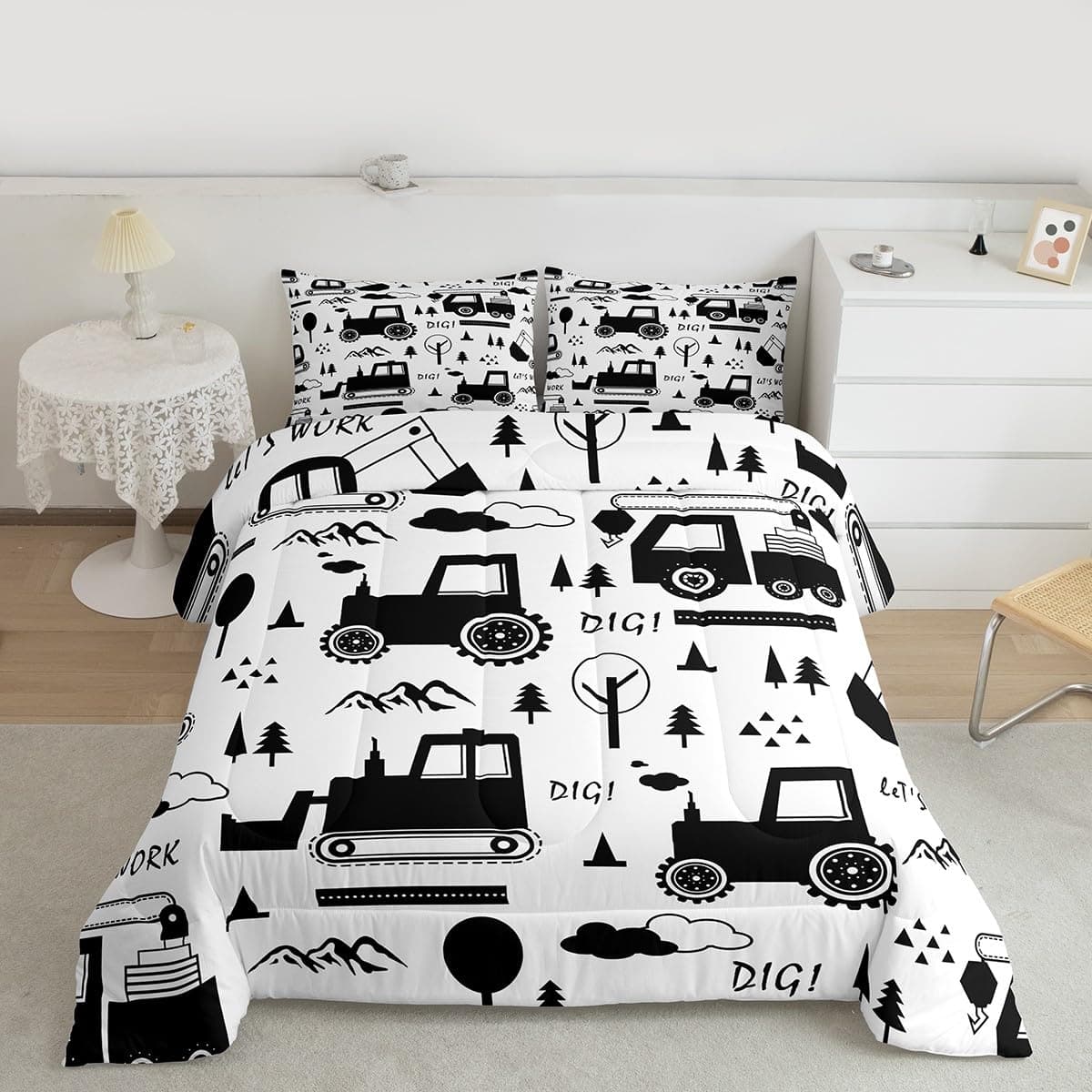 Feelyou Construction Bedding Set Twin Size Equipment Trucks Comforter Set for Kids Boys Girls Decor Cartoon Car Excavator Tractor Comforter Black White Duvet Set Bedroom Quilt Set with 1 Pillow Case