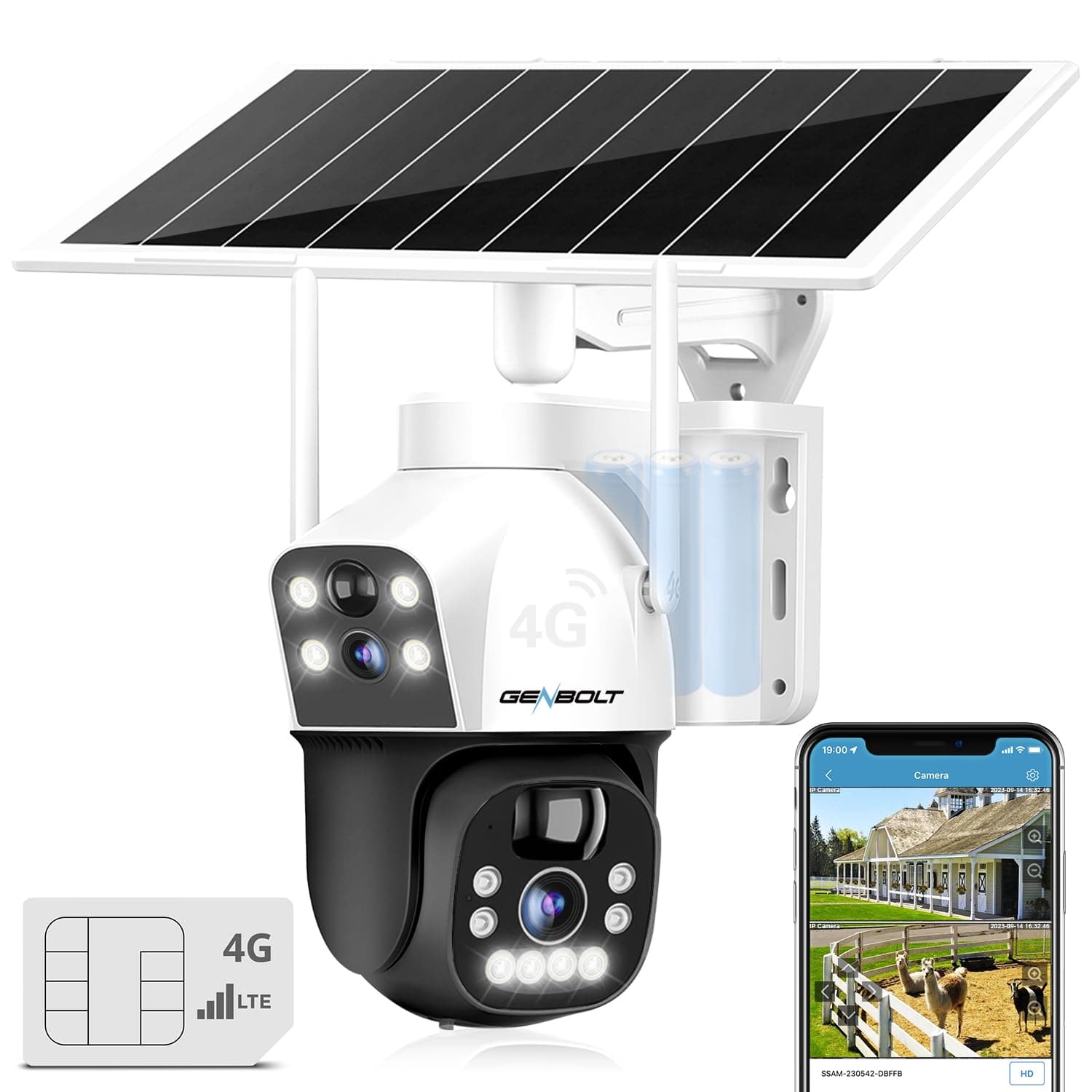 GENBOLT 3G/4G LTE Cellular Solar Security Camera Outdoor Wireless, 8W 15600mAh Battery Operated Surveillance Camera No WiFi, Dual Lens Spotlight IP Camera CCTV with SIM Card