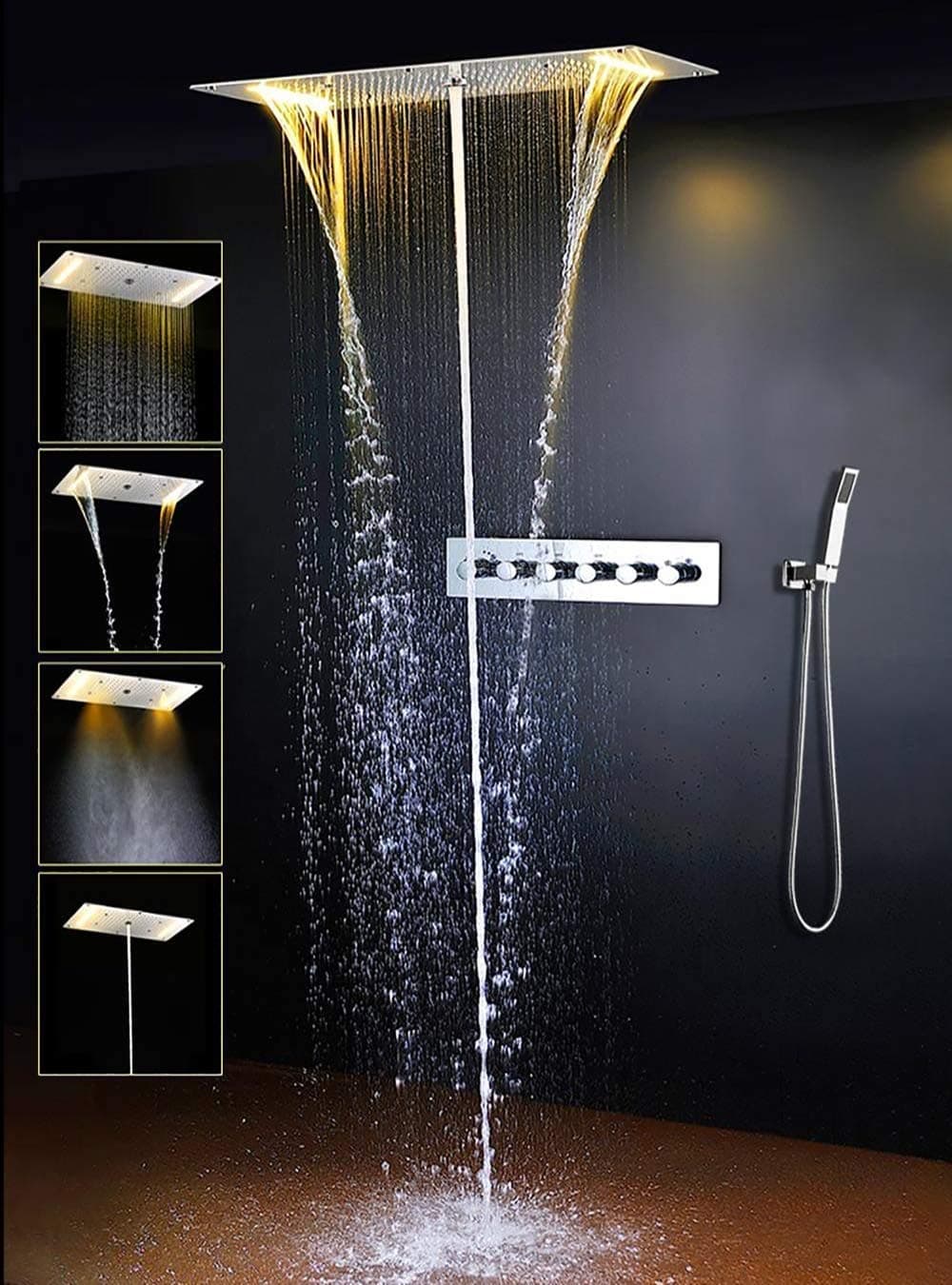Cascada Vaticano LED Modern Shower System | Multi-Functions Shower head with Handheld Shower | Ceiling Mount | 15"x28" | 6-Knob Thermostatic Valve (15"x28", Rose Gold)
