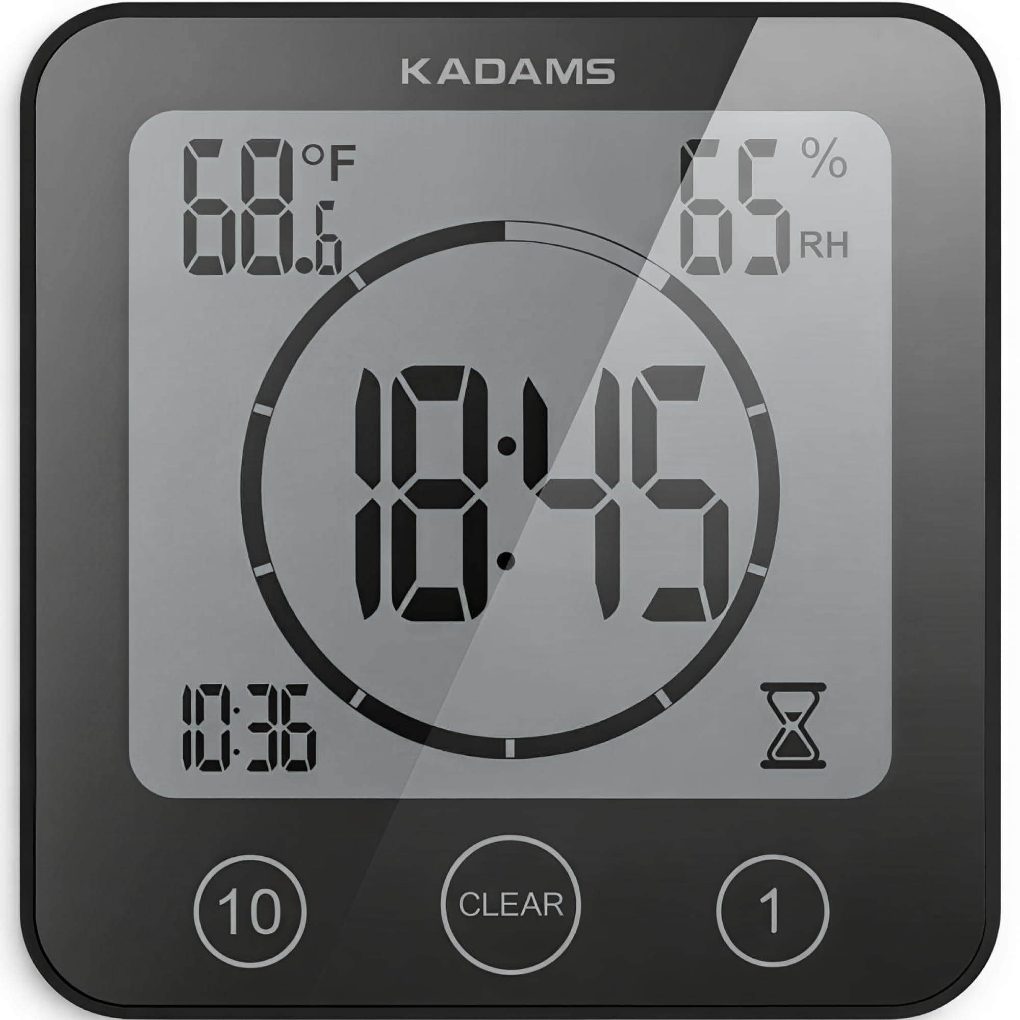 KADAMS Shower Clock Waterproof Bathroom Timer – Digital Wall Clock with Countdown, Magnetic Kitchen Clock with Temperature & Humidity, Suction Cup for Kids Shower Spa Cook Bath (Black)