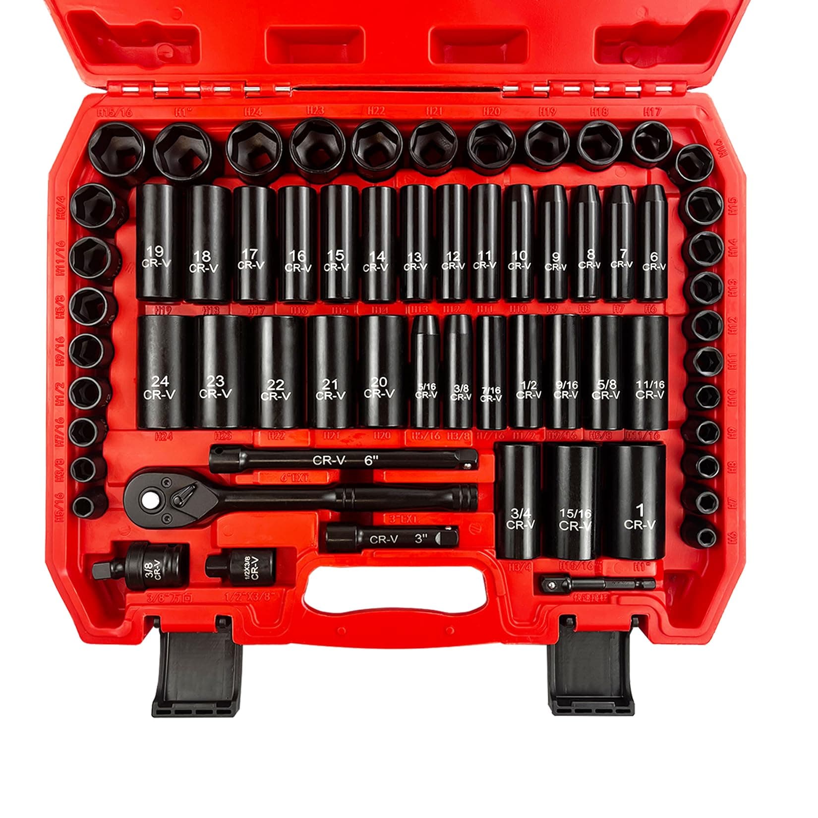 EACELIY 64pcs 3/8" Socket Set,Drive Impact Socket Set, SAE/Metric, Deep & Shallow, Cr-V Steel, 6 Point with Adapters, 72T Ratchet Handle, Extension Bars，Bit Adapter，6-24mm，5/16-1 inch