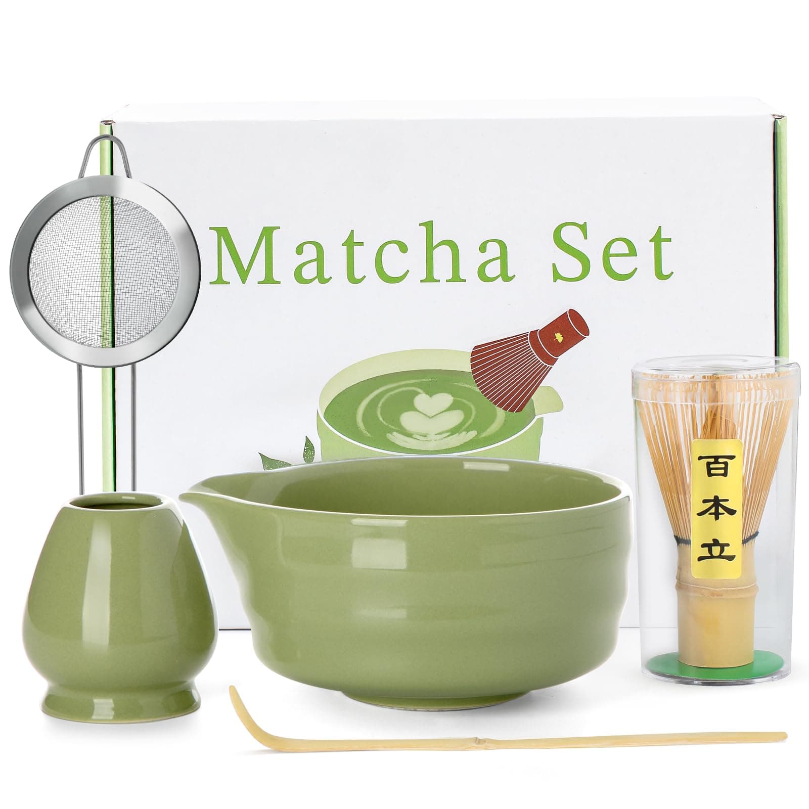 MATCHA Whisk Set - 5 Piece Matcha Set includes 18 oz Matcha Bowl with Spout, Bamboo Matcha Whisk with Ceramic Holder, Matcha Scoop, Stainless Sifter, Matcha Ceremony Kit, Gift for Matcha Lovers