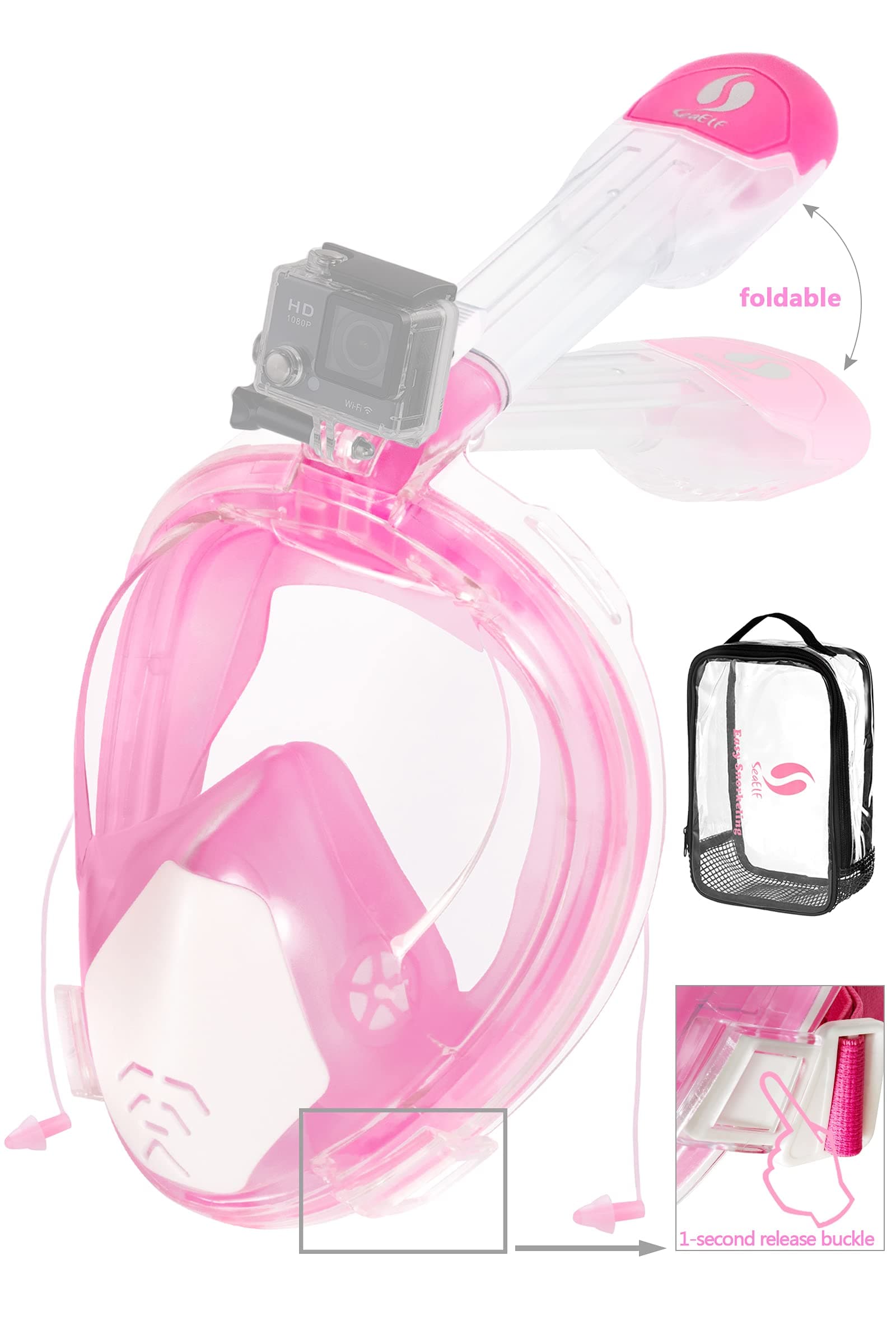 Snorkel Mask Full Face Update Lighter Easier Breathe No Leaking Fogging Folded 180° Panoramic View with Camera Holder Anti-lost Earplug Portable Bag Diving Package Set for Snorkeling Swimming Beginner