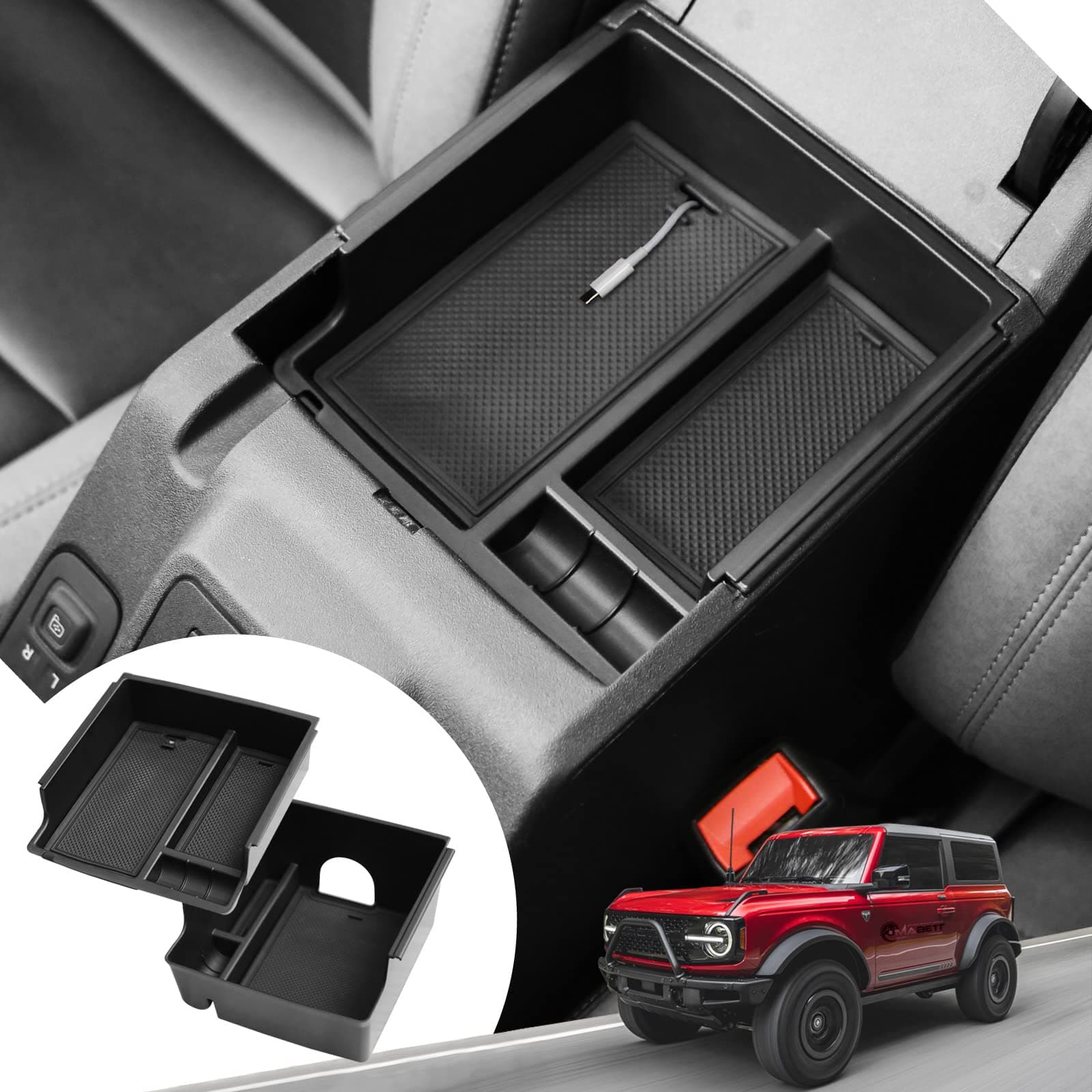 Mabett Console Organizer Tray for Bronco Accessories, Armrest Storage Box fit Bronco 2021 2022 2023 2024 2/4-Door with Non-Slip Mat Black (Not Fits 2025 Verison)