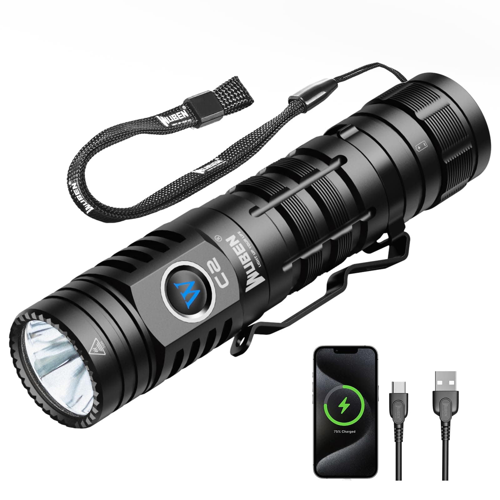 WUBEN C2 Torch Rechargeable 2000 Lumens, Pocket Torch Flashlight 7 Modes, IP68 Waterproof Tactical Torch for Emergencies, Outdoor, Hiking