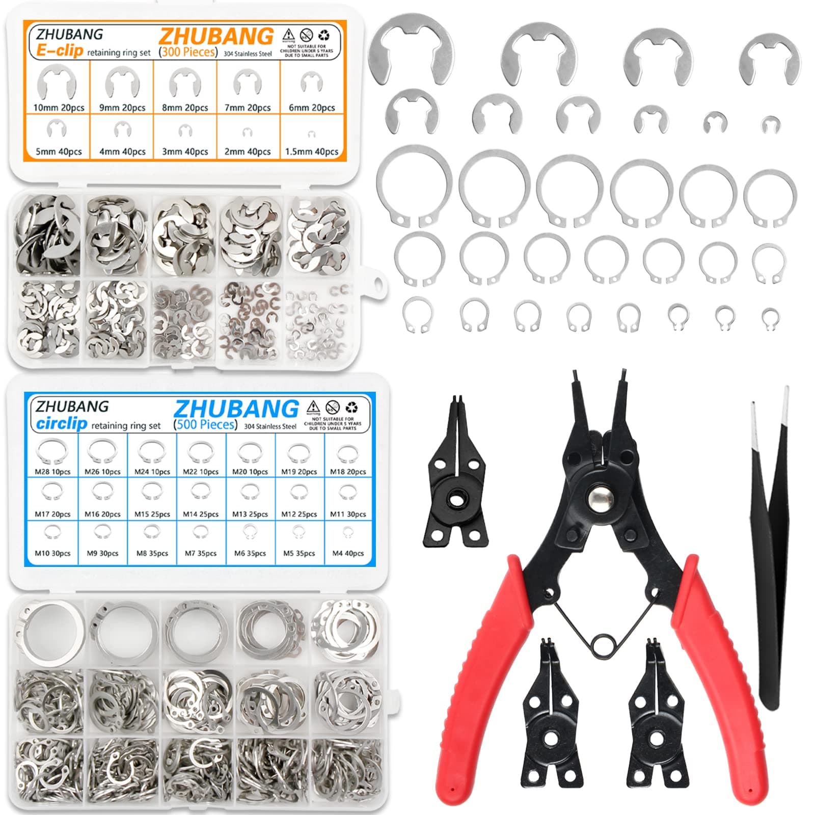 ZHUBANG 800Pcs C-clip External Retaining Rings Snap Rings Assortment Kit Circlip 304 Stainless Steel(M4-M28) + E-clip Assortment Set(1.5mm-10mm) + 5Pcs Snap Ring Plier + Tweezer