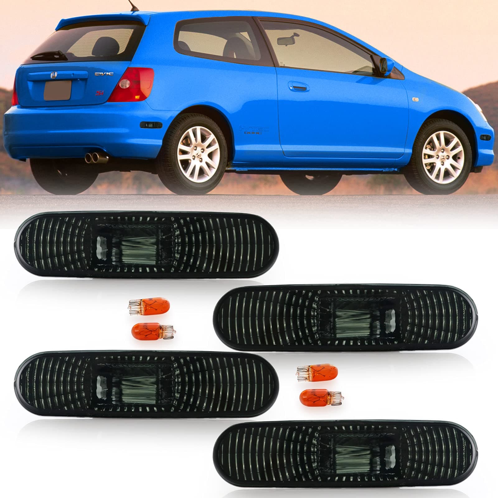USR DEPO 02-05 Civic 3D Side Marker Lights - COMBO Smoke Lens Bumper Side Markers Lamps Set Compatible with 2002-2005 Honda Civic Si EP EP3 3 Doors Hatchback (Smoked 4 Pieces, Front + Rear)