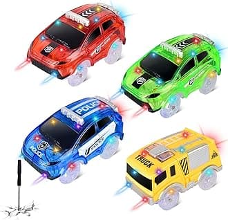 Track Cars Only Replacement Glow in The Dark with 5 Flashing LED Lights, Light Up Tracks Cars, Flex Race Car Compatible with Most Race Tracks for Kids (4pack) with Screwdriver