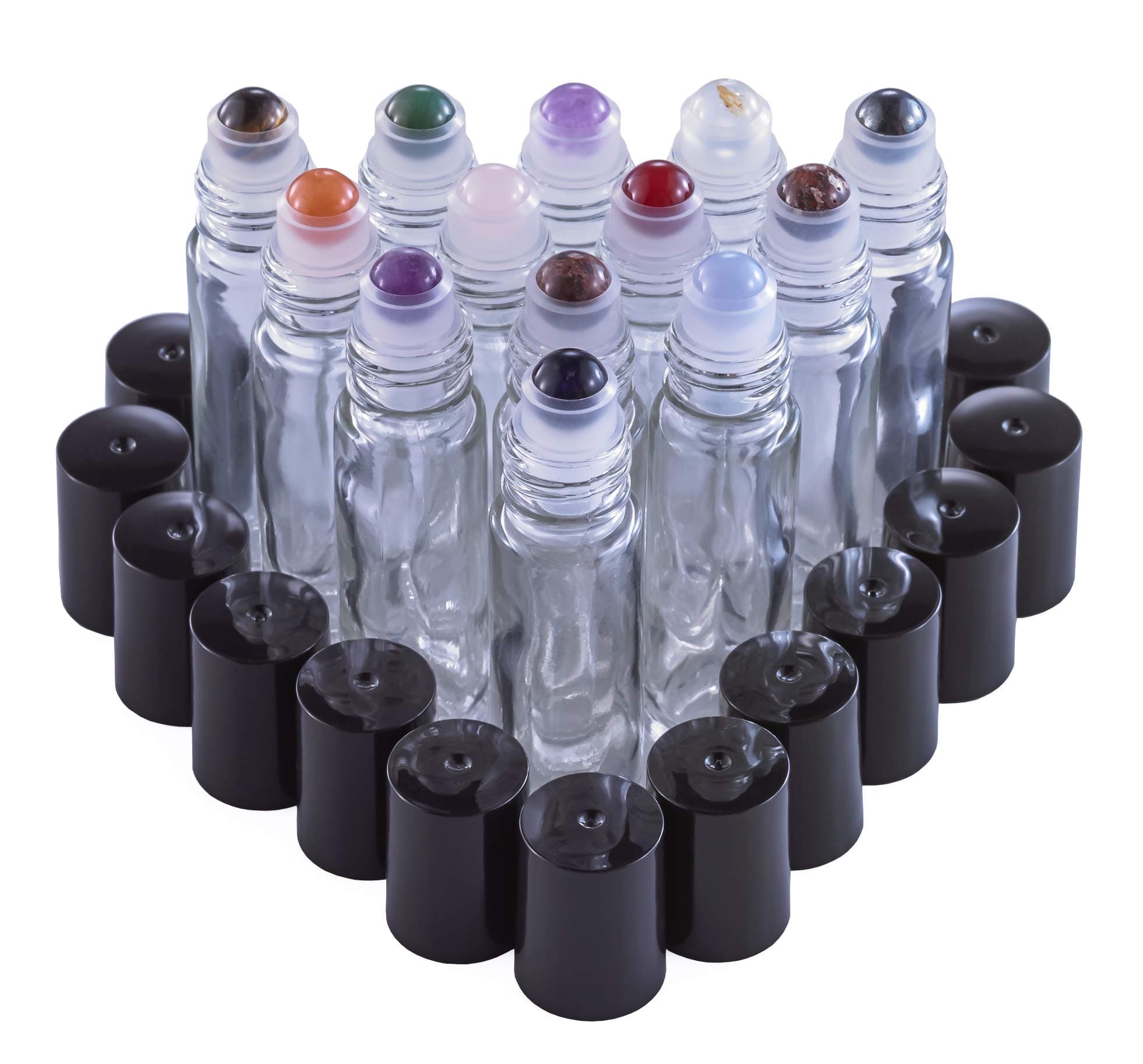 Gemstone Roller Balls For Essential Oils - 13 Beautiful Glass Roller Bottles With Precious Gemstones and Crystals Tops - For Blending Including Tiger Eye, Rose Quartz, Amethyst