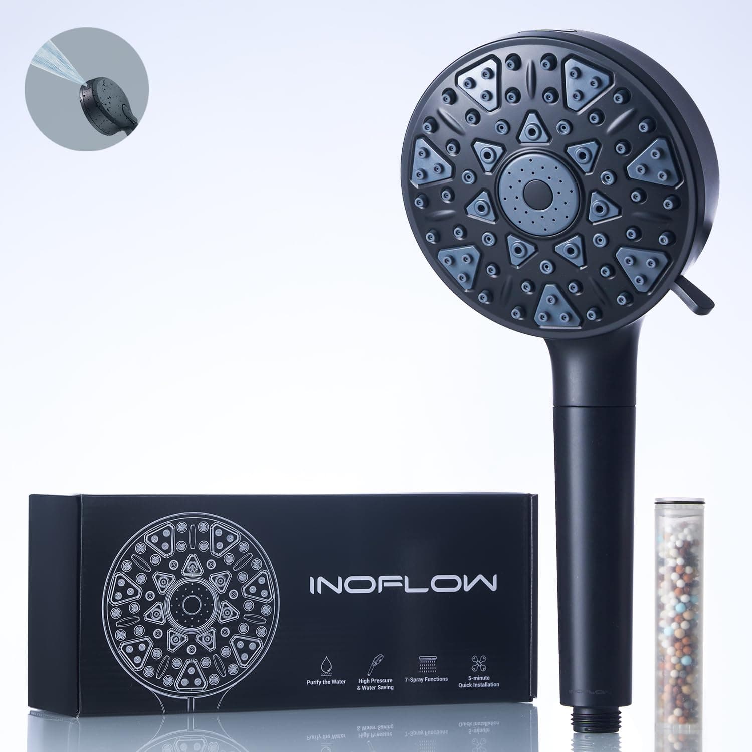 InoFlowHigh Pressure Shower Head with 7 Modes, 5" High Flow Hydro Rain Shower Head with Stainless Steel Hose and Adjustable Bracket, Matte Black