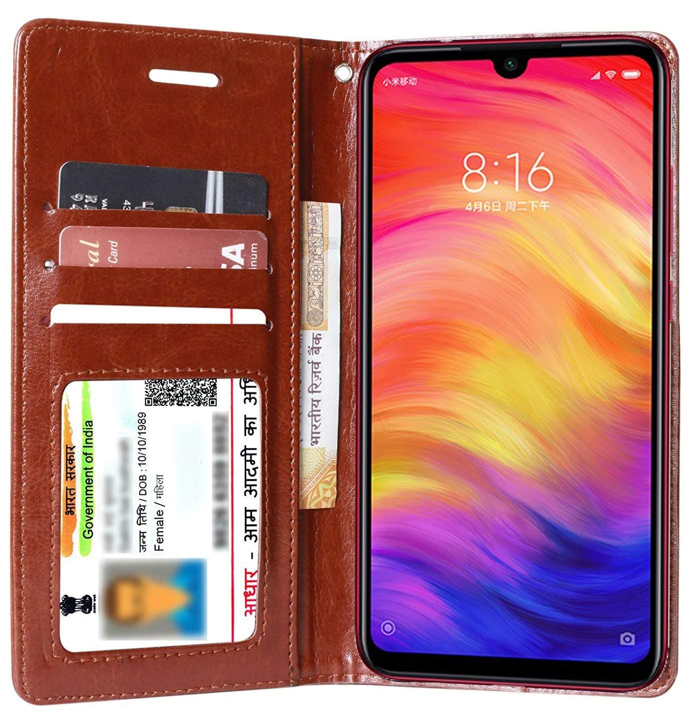 unistuff flip cover for mi redmi note 7 pro with id card slot | premium leather | foldable stand | 2 card slot | 1 cash slot - executive brown, 72028 - Brown