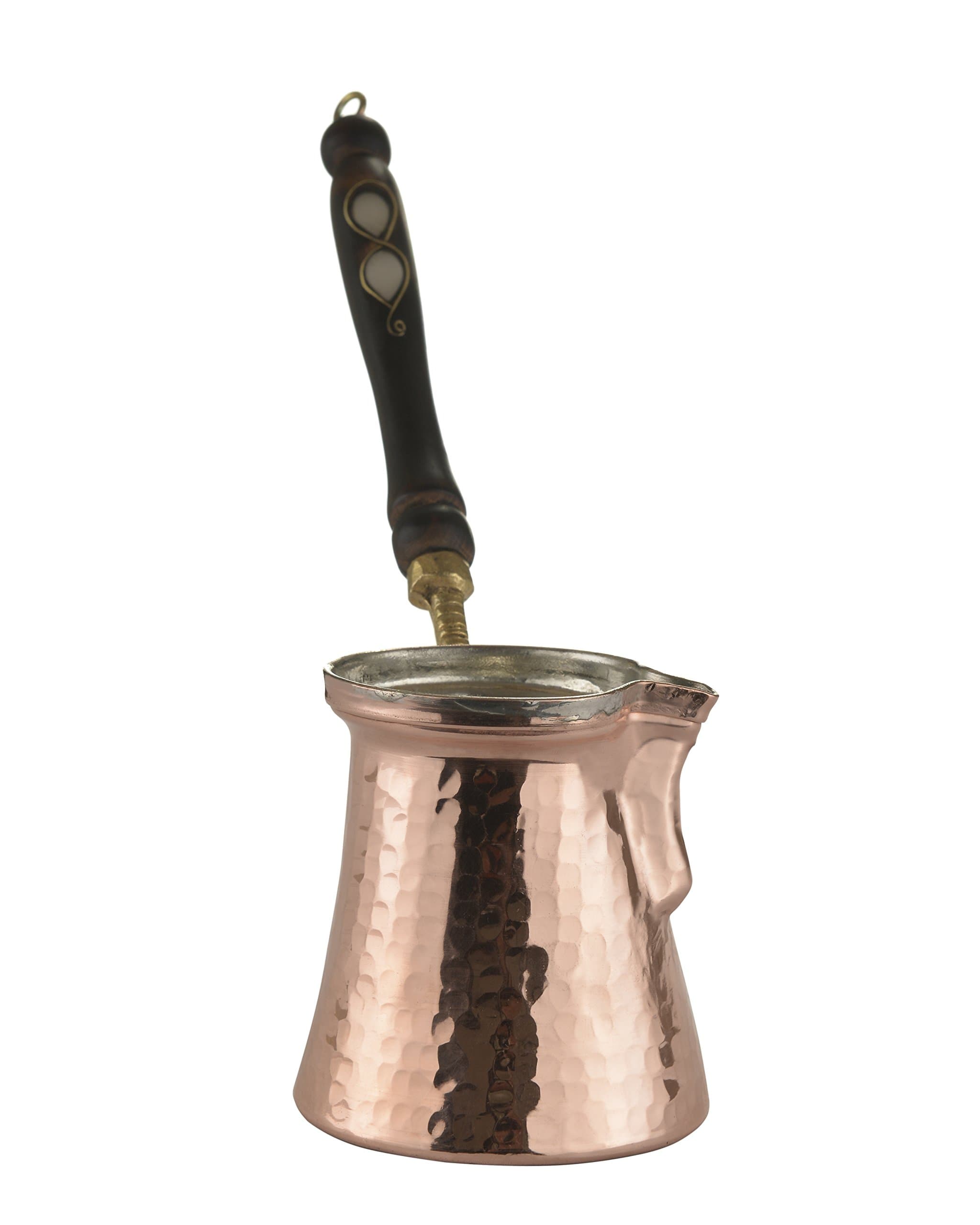 MisterCopper Thickest Premier Hammered Solid Copper Turkish Greek Arabic Coffee Pot Cezve Ibrik Briki with Wooden Handle, Thick 1 mm (Large - 11 Oz)