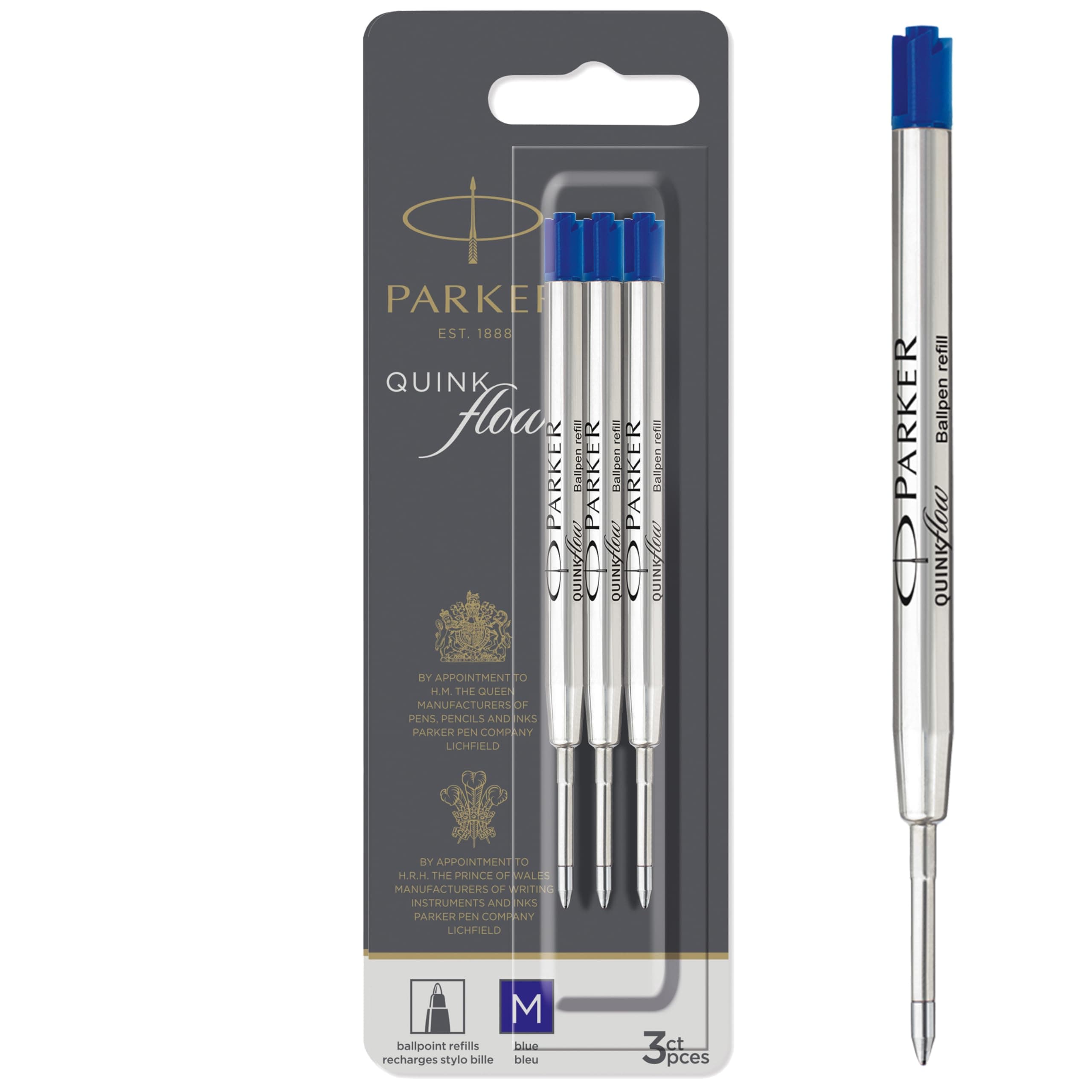 Parker Quink flow Ballpoint Pen Ink Refills Medium Tip Blue 3 Count