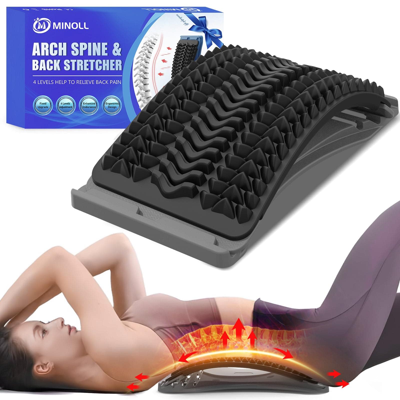 MINOLL Back Stretcher for Lower Back Pain Relief, Multiple Level Adjustable Arch Lumbar Back Cracker Board, Back Cracking Device, Back Massager for Scoliosis, Spine Decompression Support