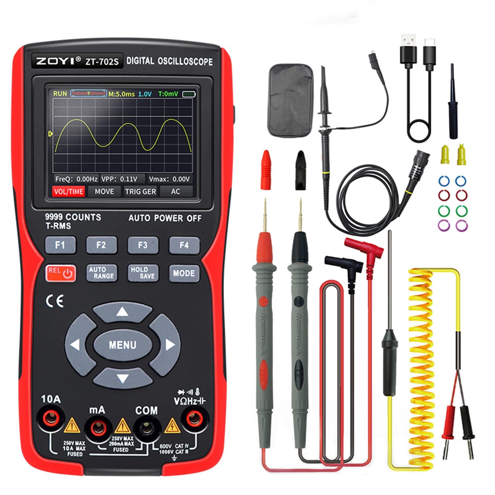 702S 2 in 1 Handheld Digital Automotive Oscilloscope Multimeter, Single Channel 10MHZ Bandwidth,64Kbyte Record Length,48MSa/s High Sampling Rate,amp ohm Volt Meter Tester、Voltage/Current Test