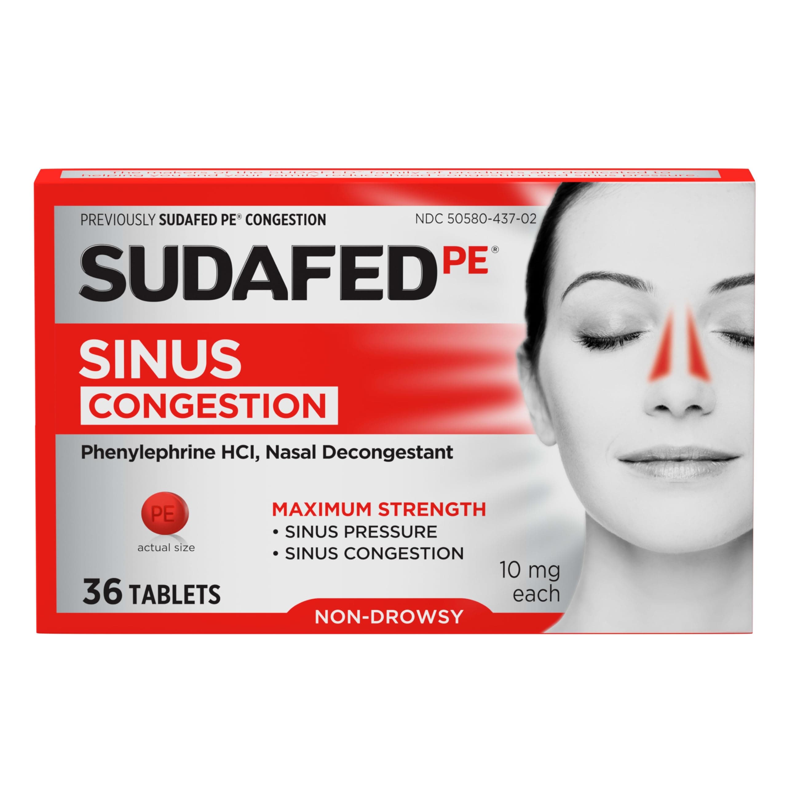 Sudafed PE Sinus Congestion Relief Tablets, Maximum Strength, Non-Drowsy 10 mg Phenylephrine HCI Decongestant for Sinus Pressure & Nasal Congestion Relief, Due to Cold or Allergies, 36 ct