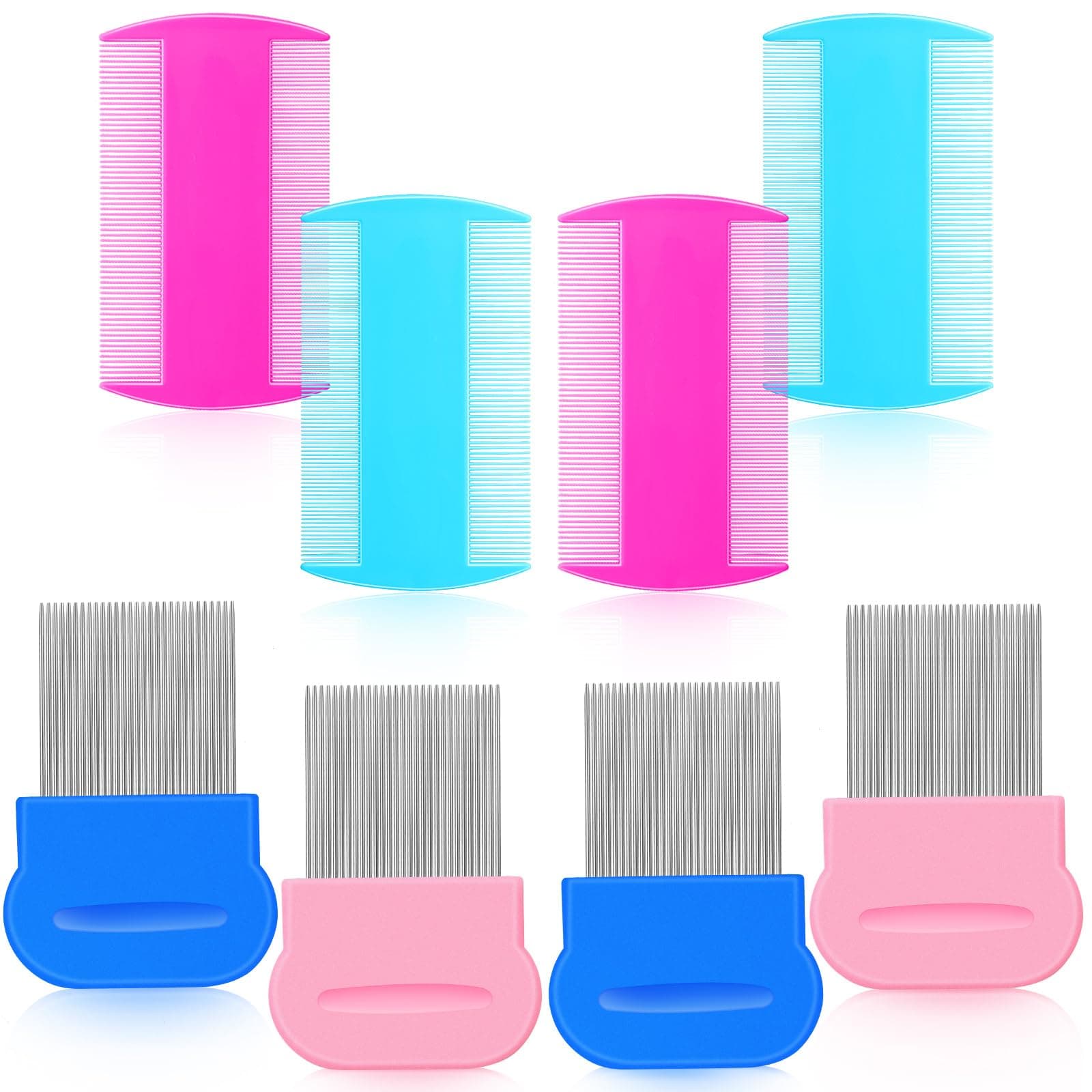 Maitys 8 Pieces Flea Lice Combs Double Sided for Lice, Nit and Removal Dandruff, Plastic and Metal Head Hair Comb, Peine Para Piojos for Kids and Pets(3.5 x 2 Inchrs, 3.54 x 1.57 Inches,Pink, Blue)