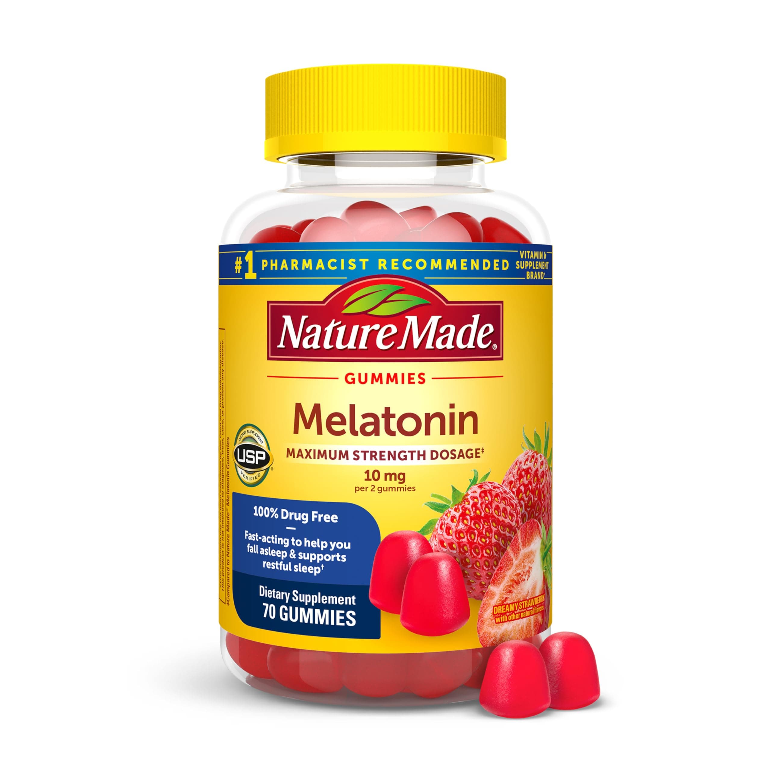 Nature Made Melatonin 10mg per serving Gummies for Adults, Maximum Strength Dosage Sleep Aid, 100% Drug Free, 70 Count Melatonin Gummies, 35 Day Supply
