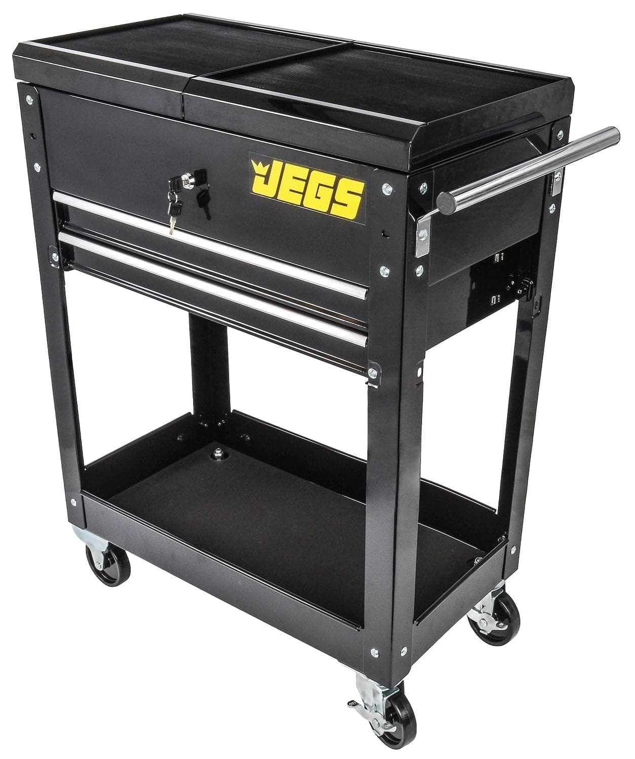 JEGS Heavy-Duty Tool Box Cart | 220 LBS Capacity | Uses Four 4� Caster Wheels | Includes 2 Keyes and 6 Drawer Liners | Black with JEGS Logo | 2 Locking Drawers | Sliding Top