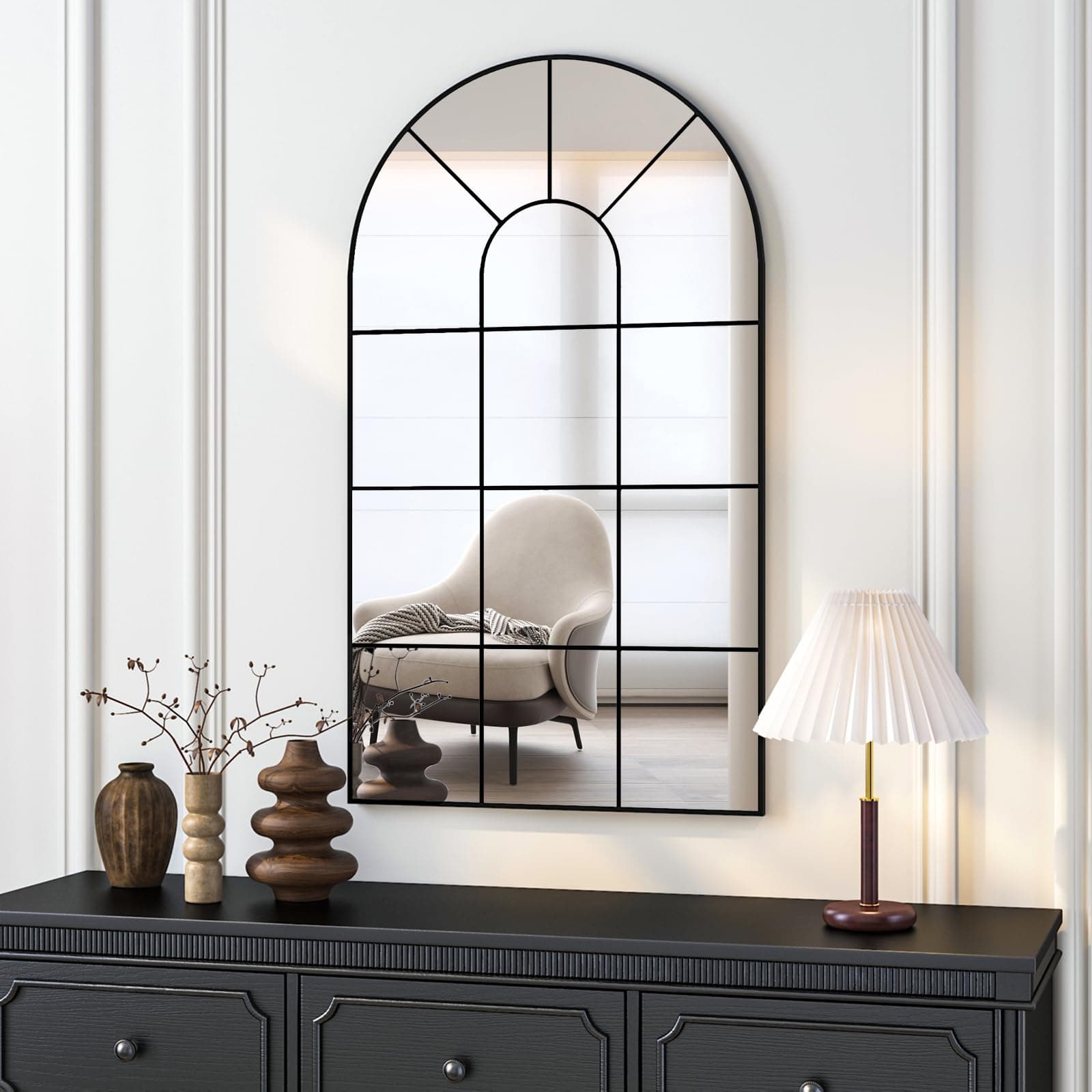 Arched Wall Mirror, 42"x24" Arched Window Mirror Decorative Wall Mounted, Black Frame Window Pane Mirror Rustic Arch Mirror for Living Room Bedroom Entryway