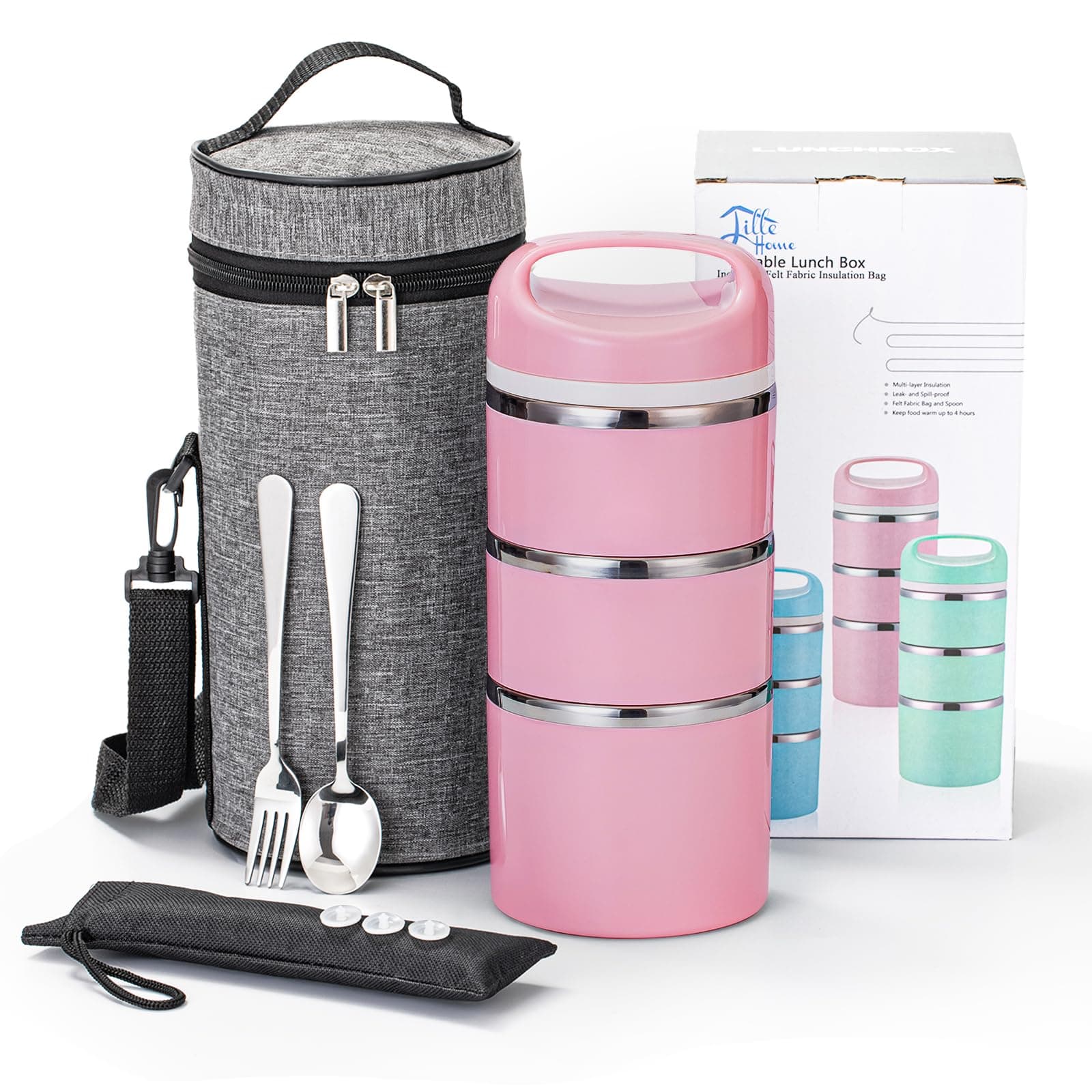 Lille Home Stackable Stainless Steel Thermal Compartment Lunch/Snack Box, 3-Tier Insulated Bento/Food Container with Lunch Bag and 3 Extra Silicone Seals, 43OZ, Pink