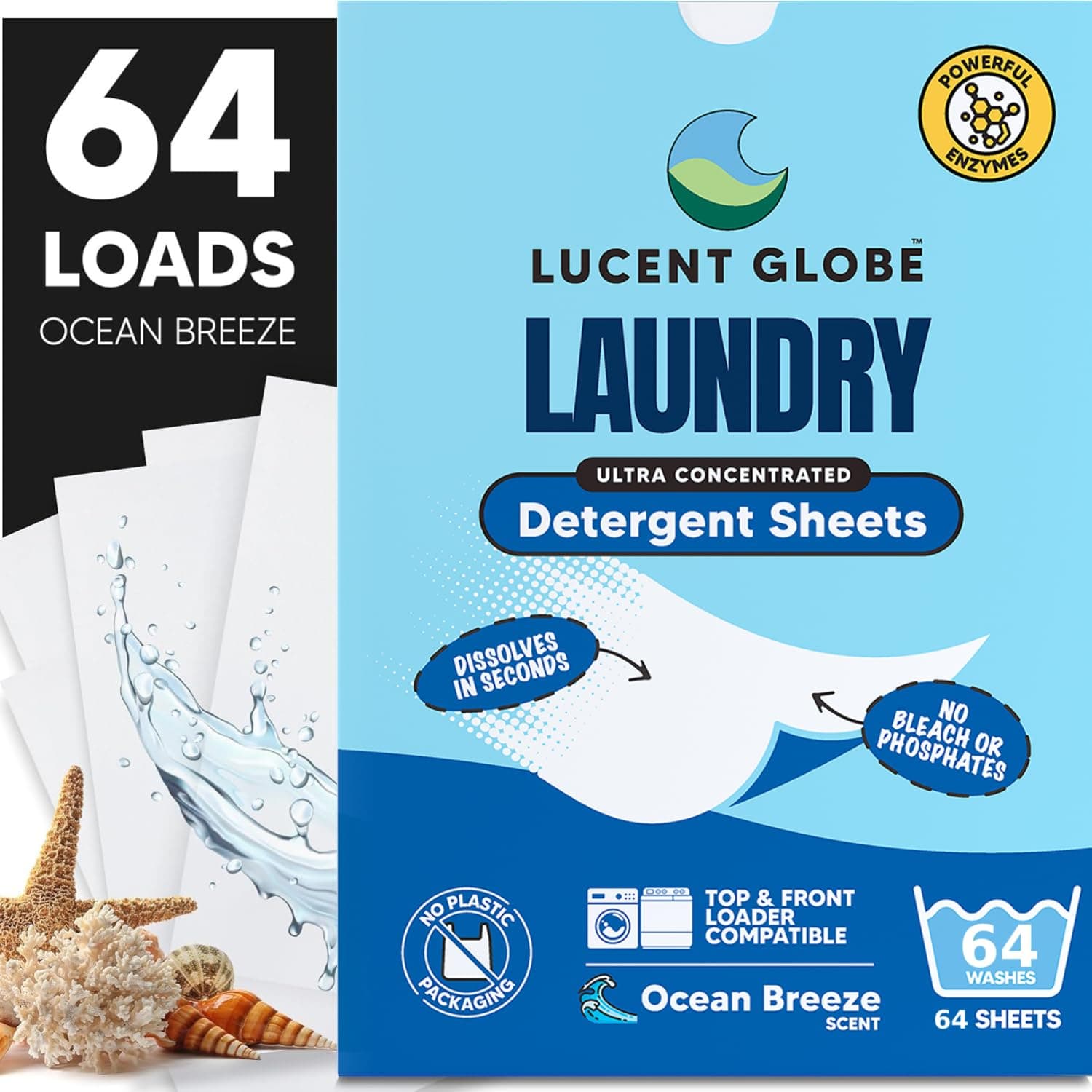 Lucent Globe Laundry Detergent Sheets, 64 Washes, Plant-Based, Biodegradable, Plastic Free Packaging 64 Count (Ocean Breeze)