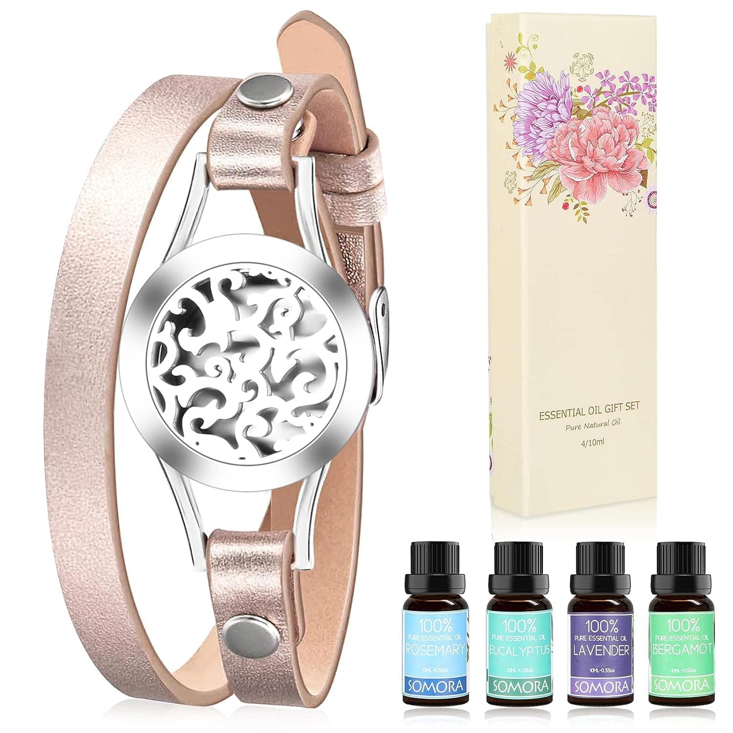 Aromatherapy Essential Oil Leather Diffuser Bracelet w/Tea Tree, Lemongrass, Orange and Peppermint -10ML/pcs, Unique Gift Ideas for Women, Girls, Friend, Mom at Anniversaries, Birthday and Christmas