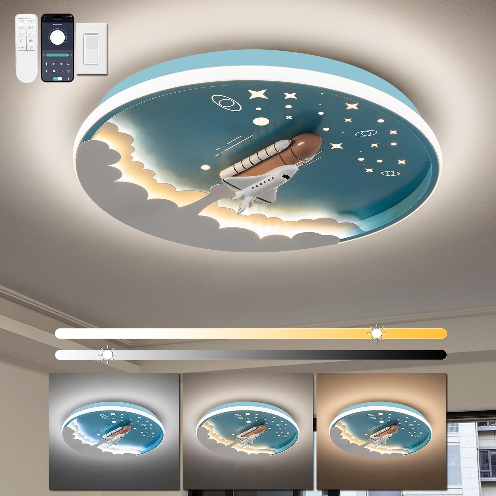 Kids Room Ceiling Lamp 20" Kitchen Ceiling Light with Remote Control 3000k-6000k Blue Cartoon Rocket Semi Flush Mount Ceiling Lights for Bedroom