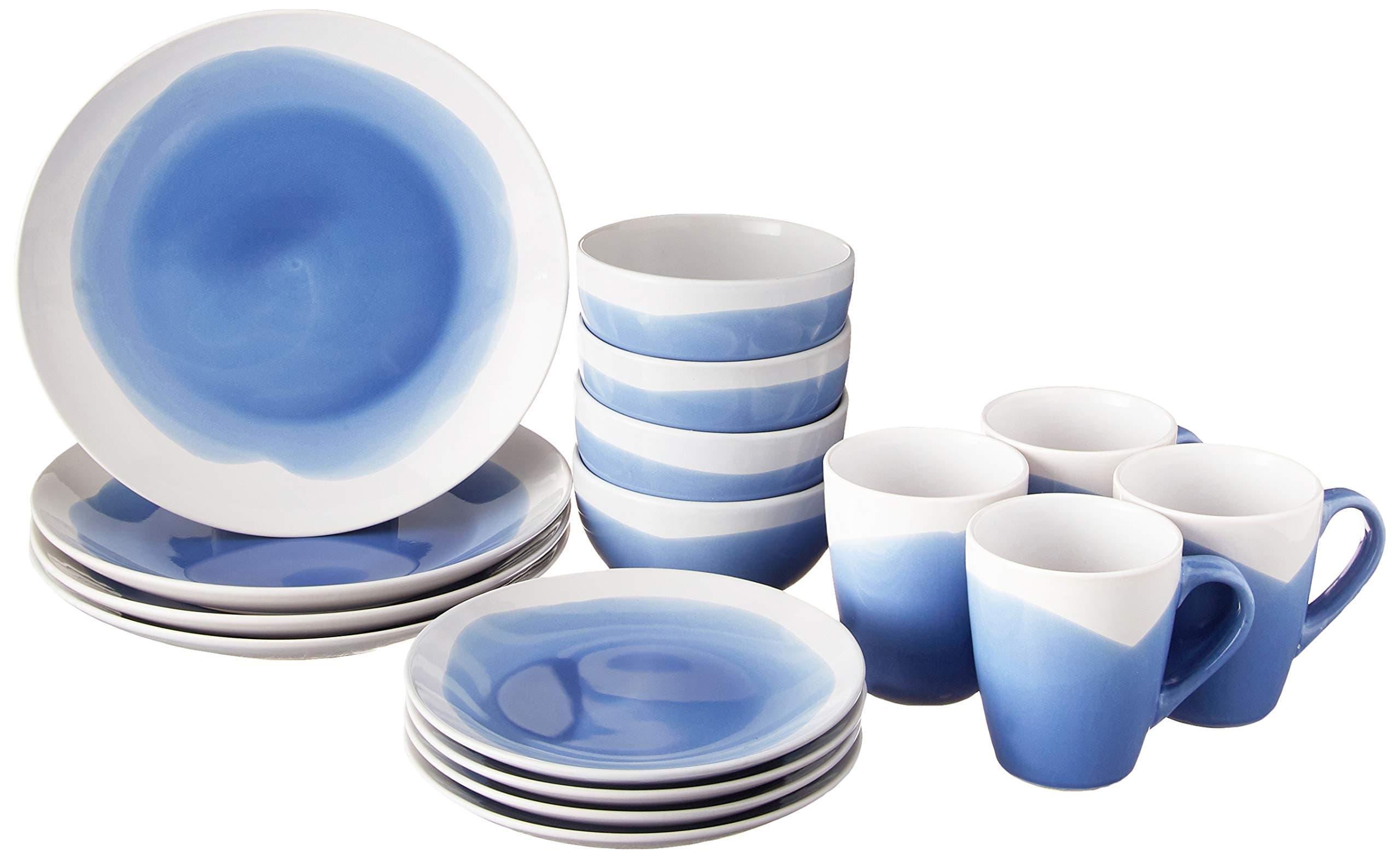 American Atelier Round Dinnerware Sets | Blue & White Kitchen Plates, Bowls, and Mugs | 16 Piece Stoneware Oasis Collection 10.5 x 10.5 | Dishwasher & Microwave Safe | Service for 4