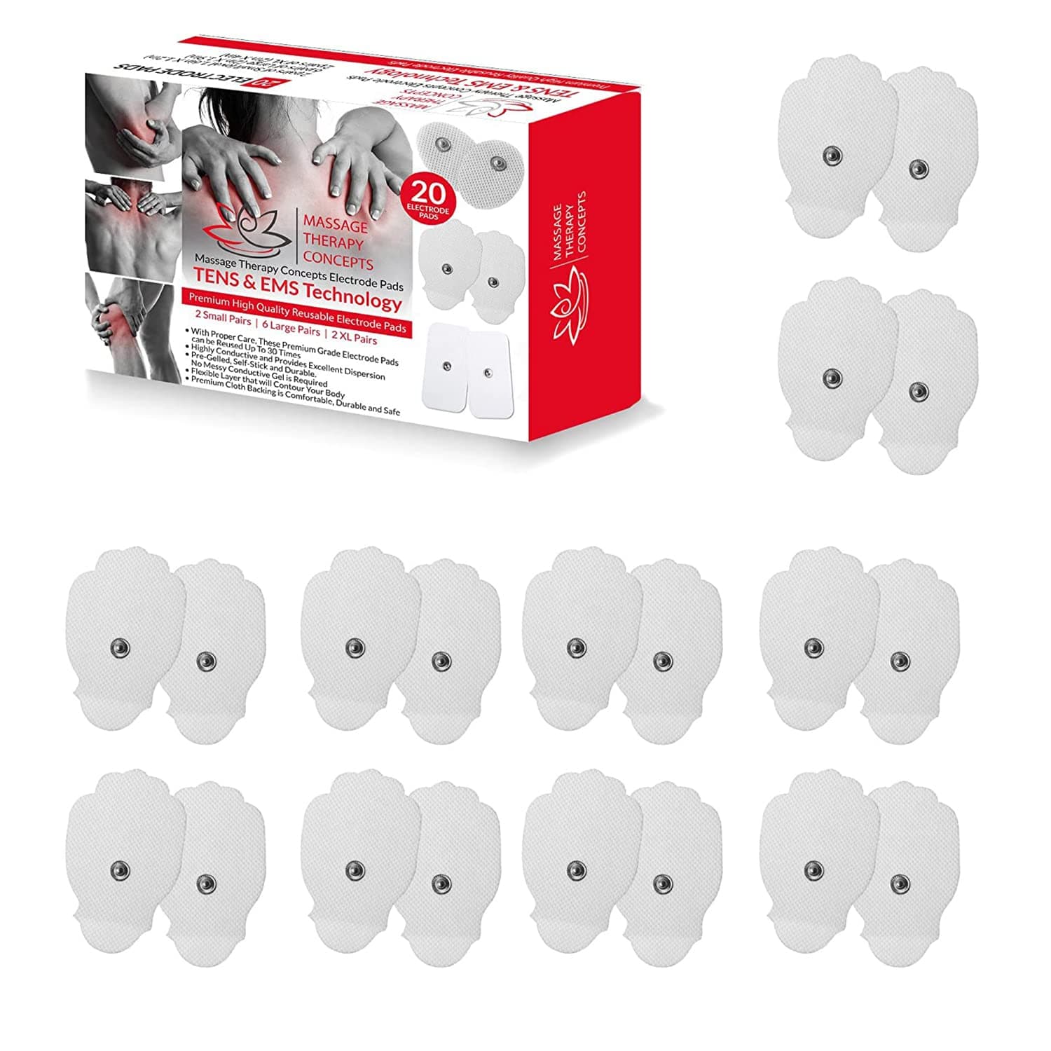 TENS Unit Pads - Premium Quality Snap Replacement Electrodes for TENS and EMS Electrotherapy - Self Adhesive Reusable Patches up to 30 Times (20 Large Pads) (1.9"X 2")