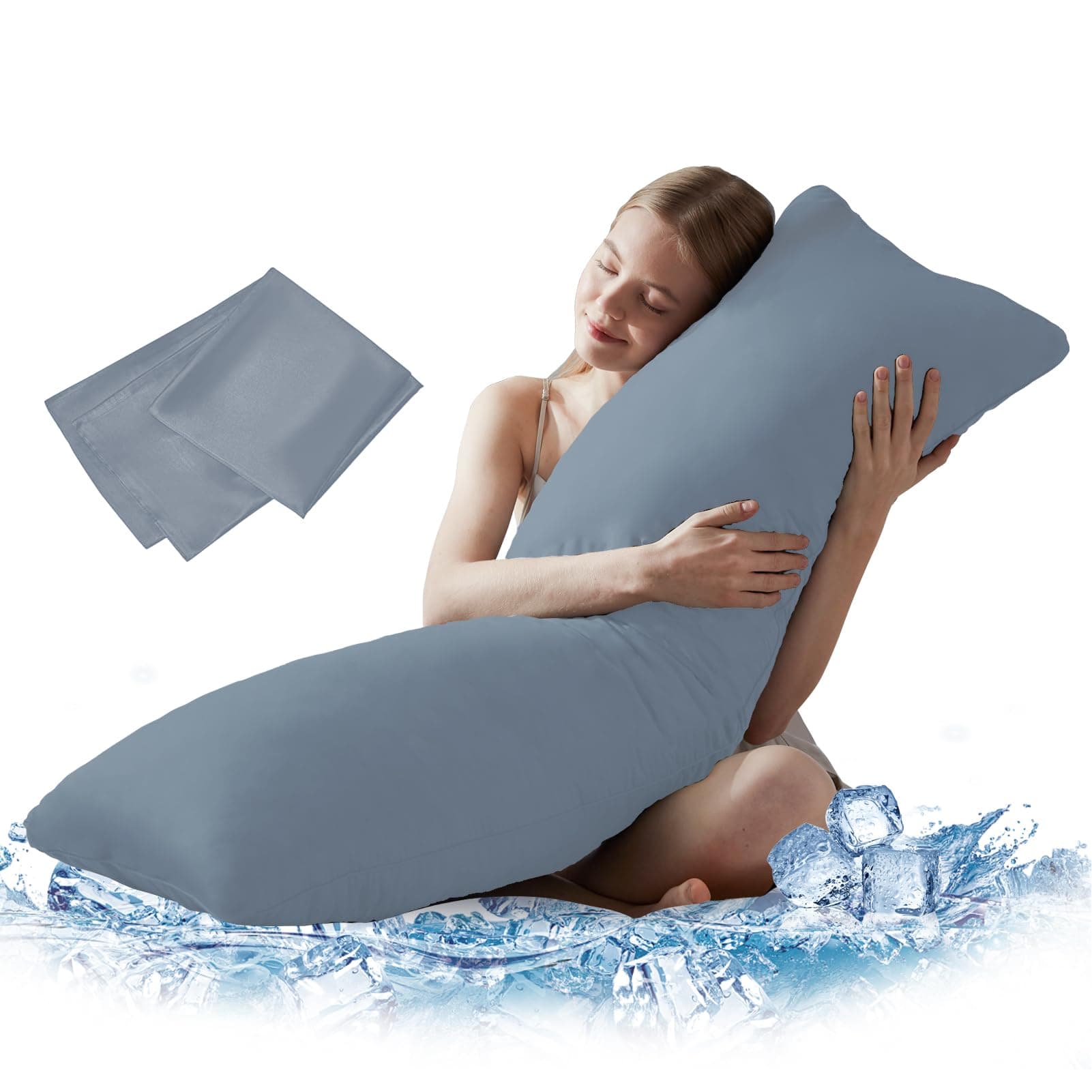 DOWNCOOL Large Body Pillow Insert with Cooling Cover - Soft Long Bed Pillow for Summer - Breathable Full Body Pillow for Adults - 20x54 inch (Grey, with Cover)