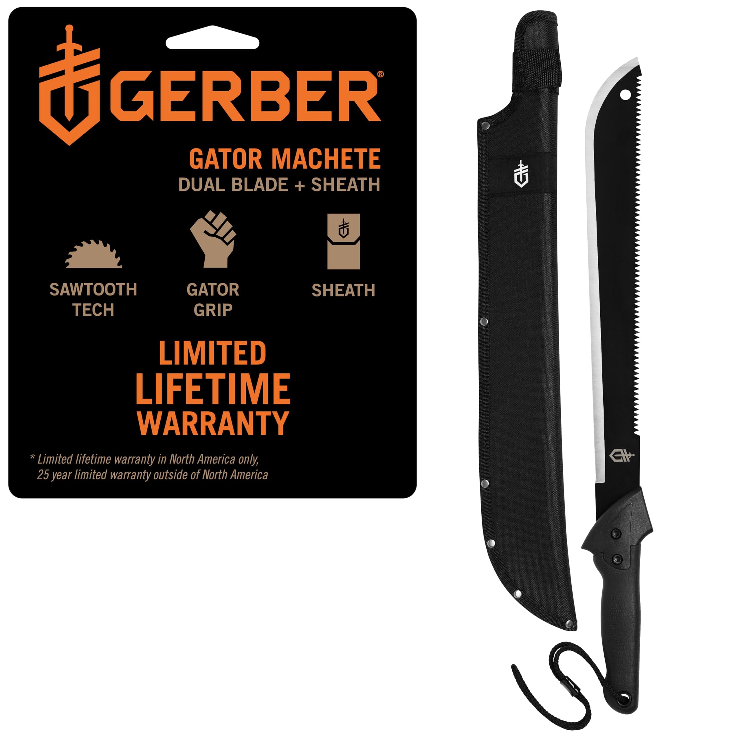 Gear Gator Machete 25" with Plain Edge Blade and Saw, Gator Grip and Protective Sheath for Gardening, Survival, Hunting, Camping and Bushcraft, Black