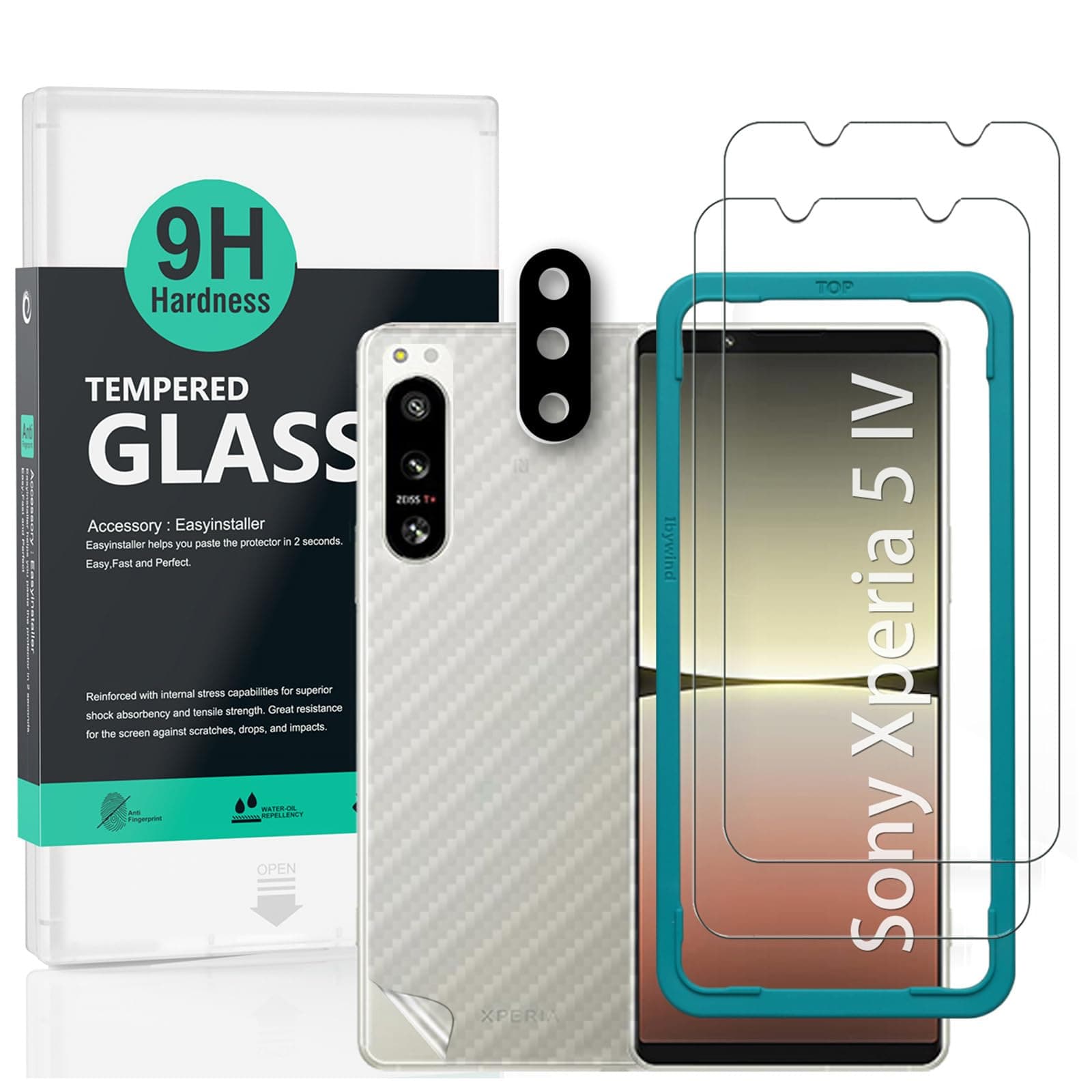 Screen Protector For Sony Xperia 5 IV 5G(6.1 Inches),with 2Pcs Tempered Glass,1Pc Camera Lens Protector,1Pc Backing Carbon Fiber Film[Fingerprint Reader,Easy to install]