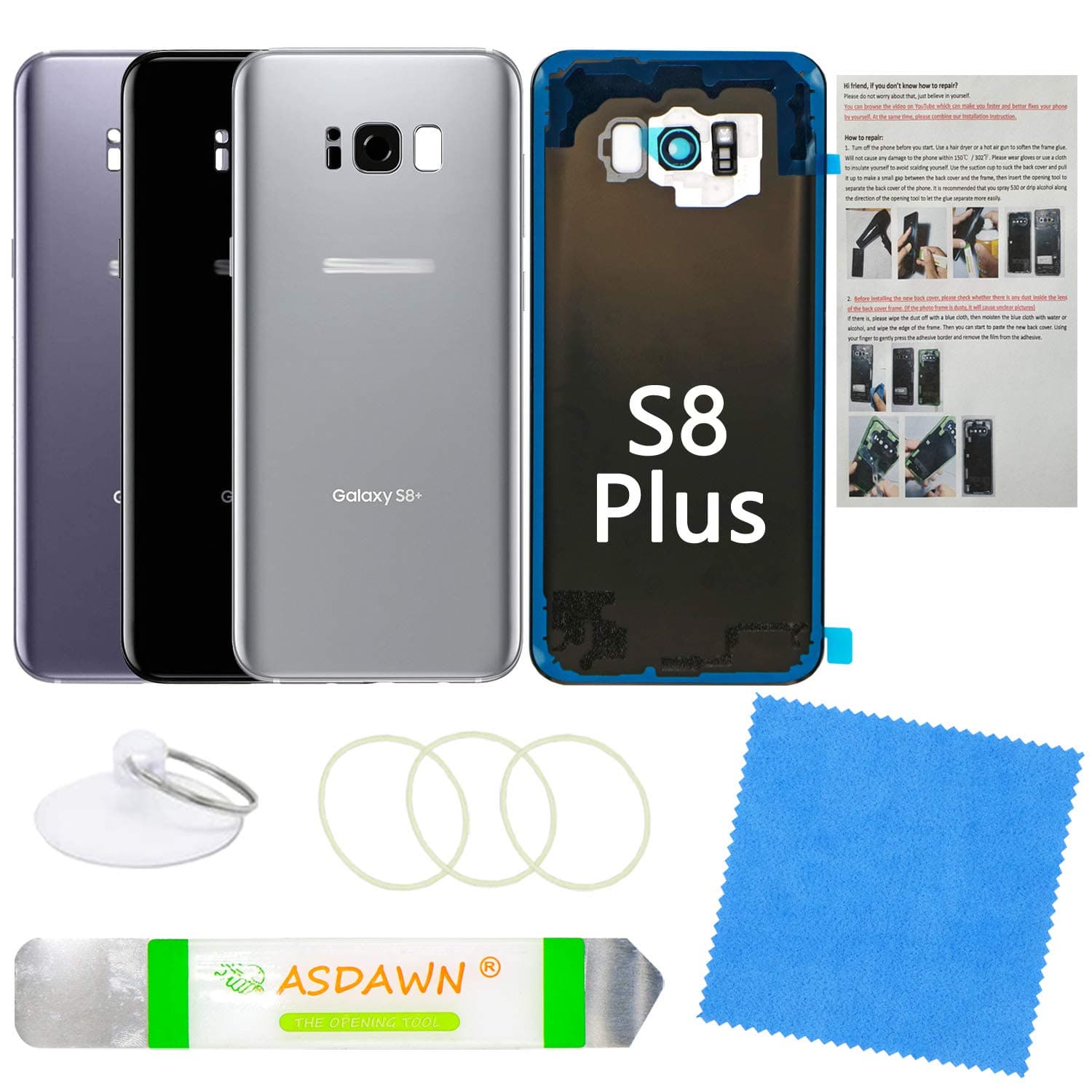 Galaxy S8+ Replacement Back Glass Panel Case with Installation Manual +Pre-Installed Camera Lens +All The Adhesive +Repair Tools for Samsung Galaxy S8 Plus SM-G955 All Carriers (Arctic Silver)