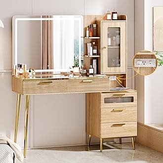 47.24" Big Modern Vanity Desk with Mirror and Lights, Vanity Desk with 29.53" HD Lighted Mirror, Makeup Vanity with 5 Drawers and Storage Shelves and Charging Station, Oak