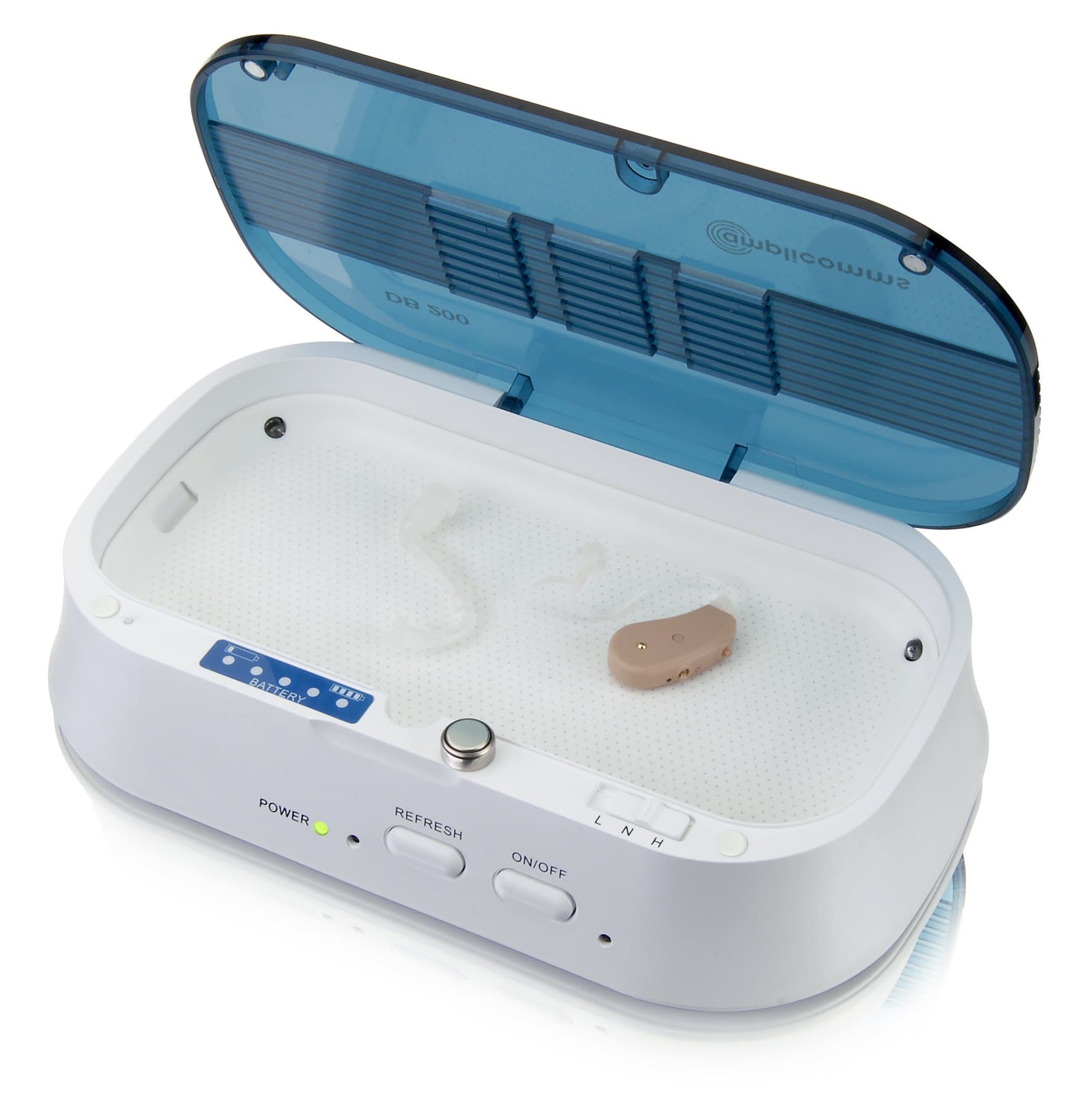 DB200 Plus Amplicomms Hearing Aid Dry Box - Portable Hearing Aid Cleaning Kits - Hearing Aid Dehumidifier Box - Hearing Aid Cleaner UV Sterilizer Box