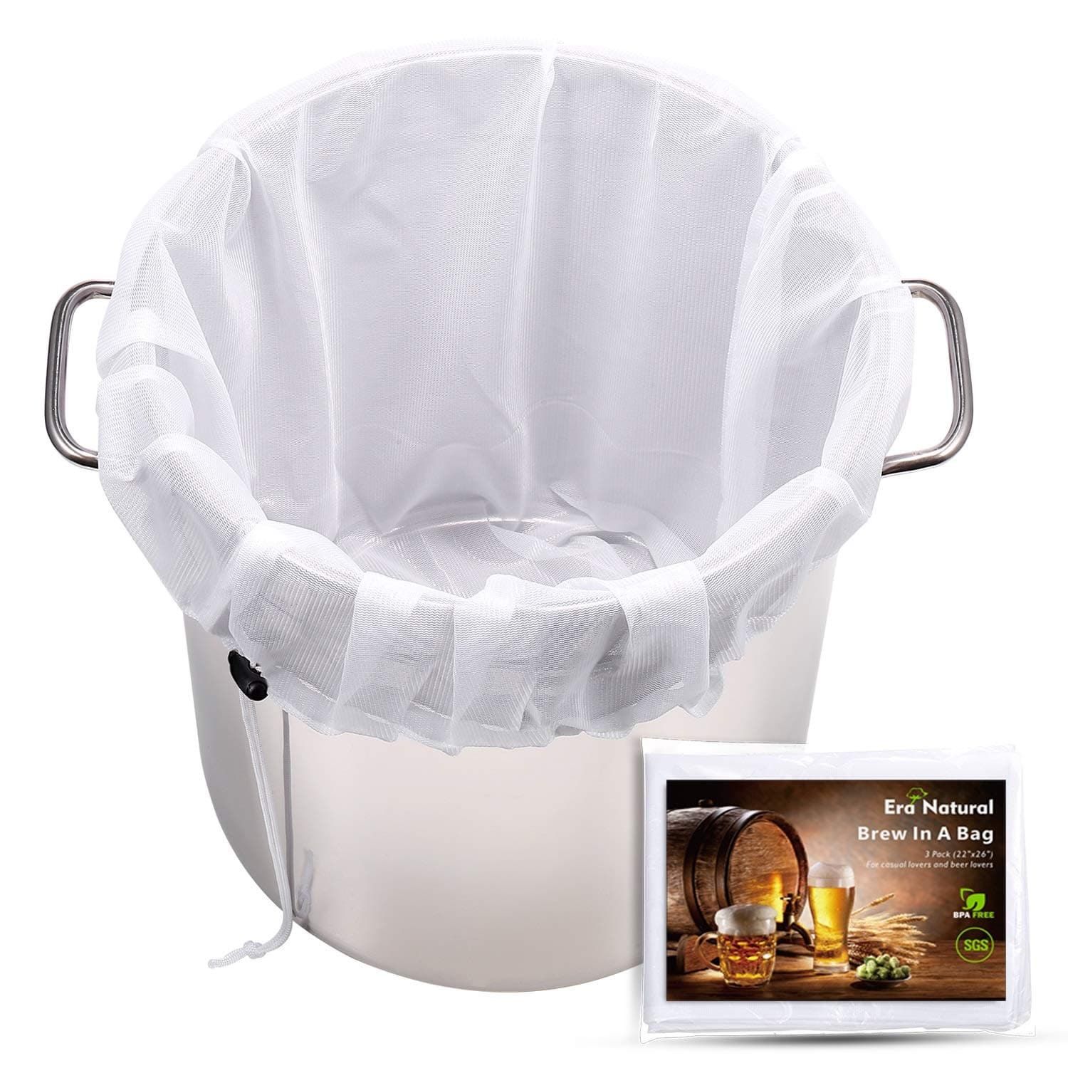 Era Natural Extra Large Brew Bags Reusable, 3 Pack 26"x22" Fine Mesh Strainer Bag for Home Brewing Hops Grains Fruit Cider Apple Grape Wine Beer Making Press Drawstring Straining Brew in a Bag