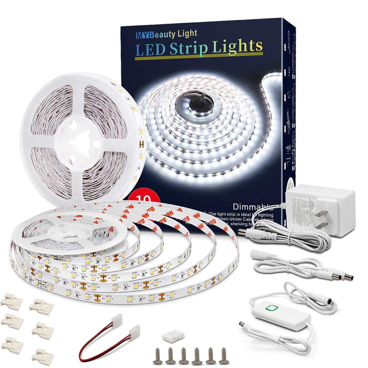 Led Strip Lights 32.8ft White Dimmable Led Light Strip Flexible Rope Lights Kits with 12v Etl Power Supply, Adhesive Clips, Dimmer Switch and Connectors for Indoor Decor